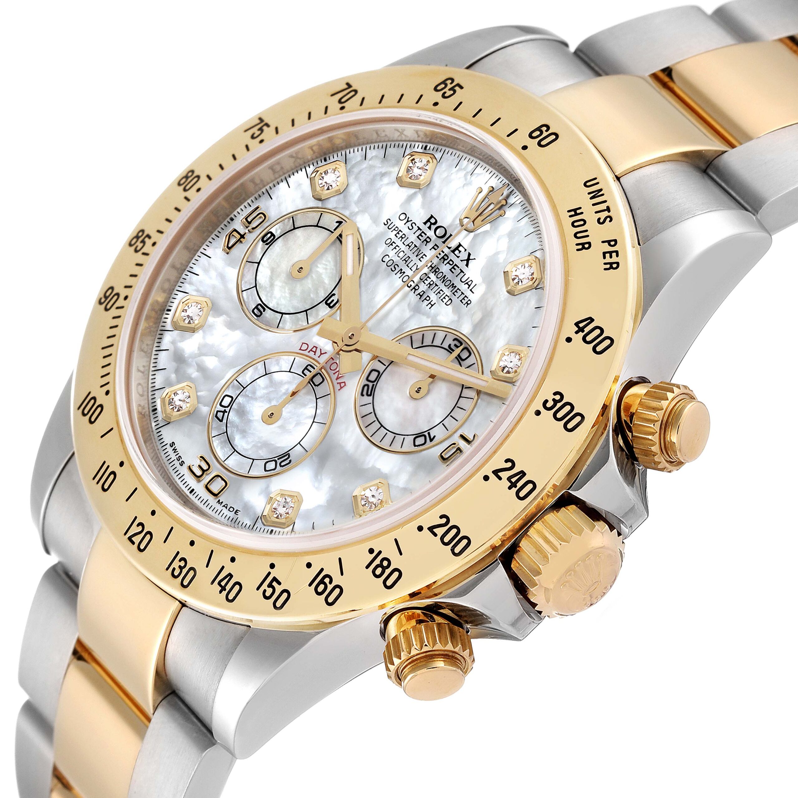 Rolex Daytona Yellow Gold Steel Mother of Pearl Diamond Mens Watch 116523 Box Card