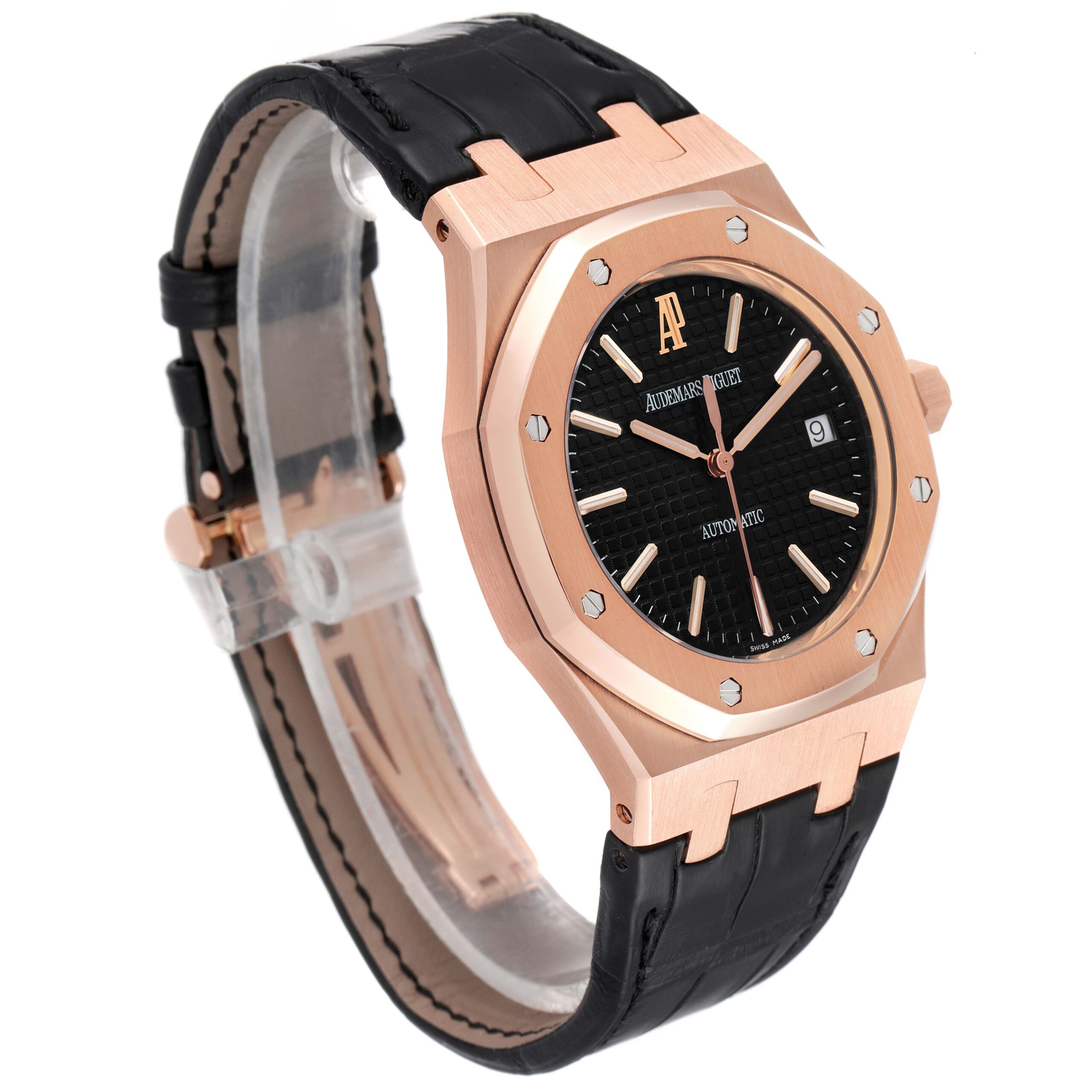 Audemars Piguet Royal Oak 18k Rose Gold Black Dial Watch 15300OR Box Papers