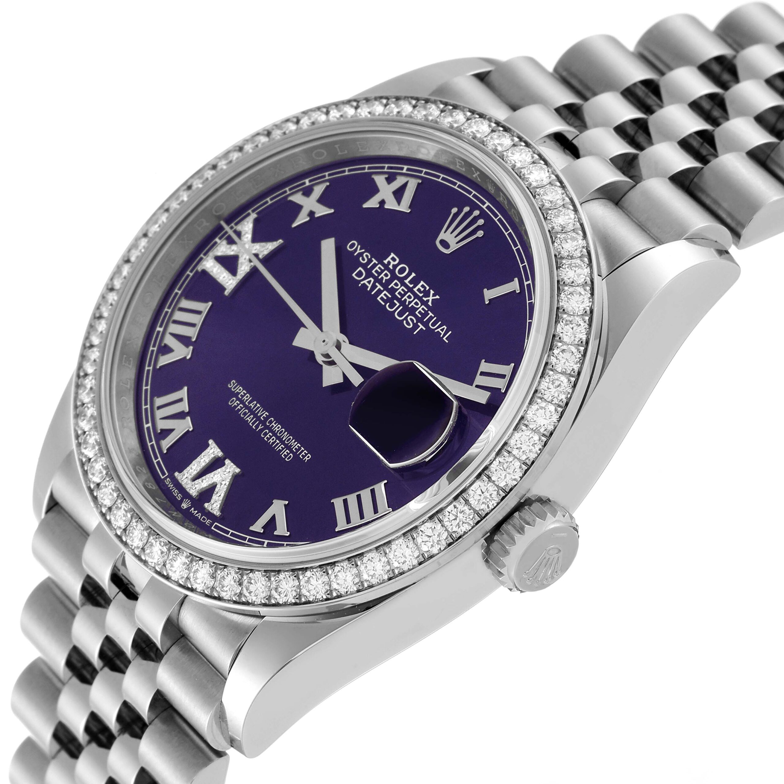 Rolex Datejust Steel Purple Diamond Dial Bezel Mens Watch 126284 Unworn