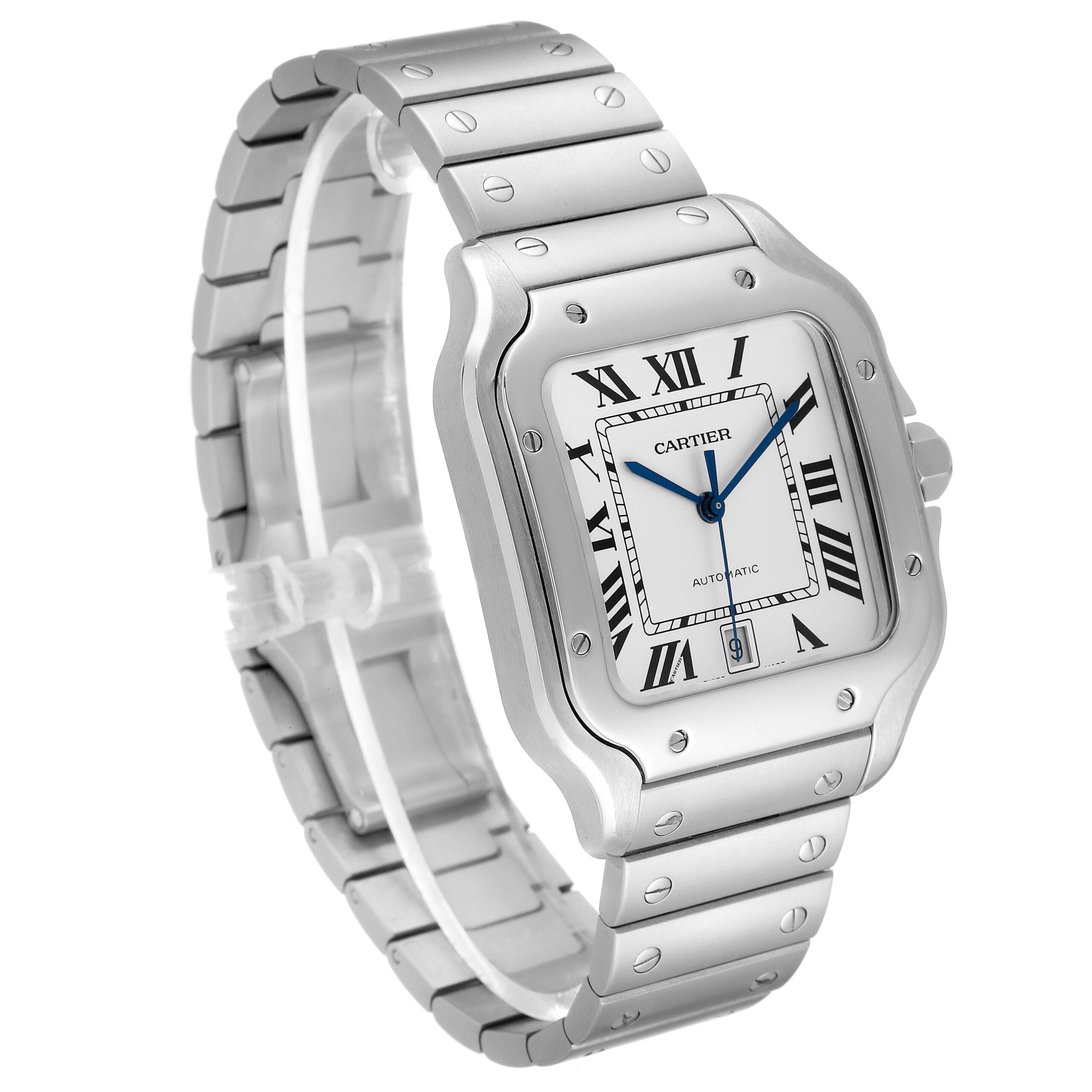 Cartier Santos Silver Dial Large Steel Mens Watch WSSA0018 Box Card Unworn