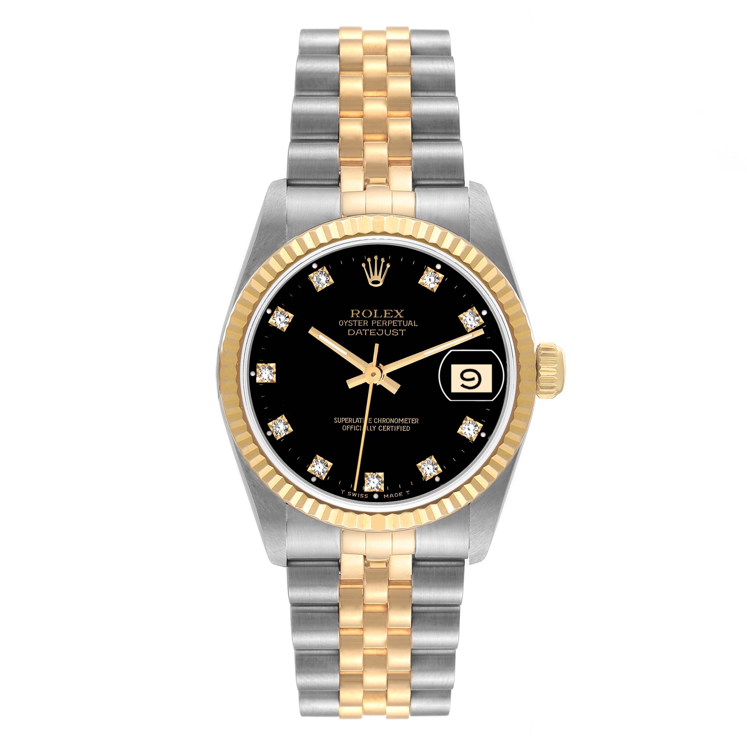 Rolex Datejust Midsize Steel Yellow Gold Black Diamond Dial Ladies Watch 68273