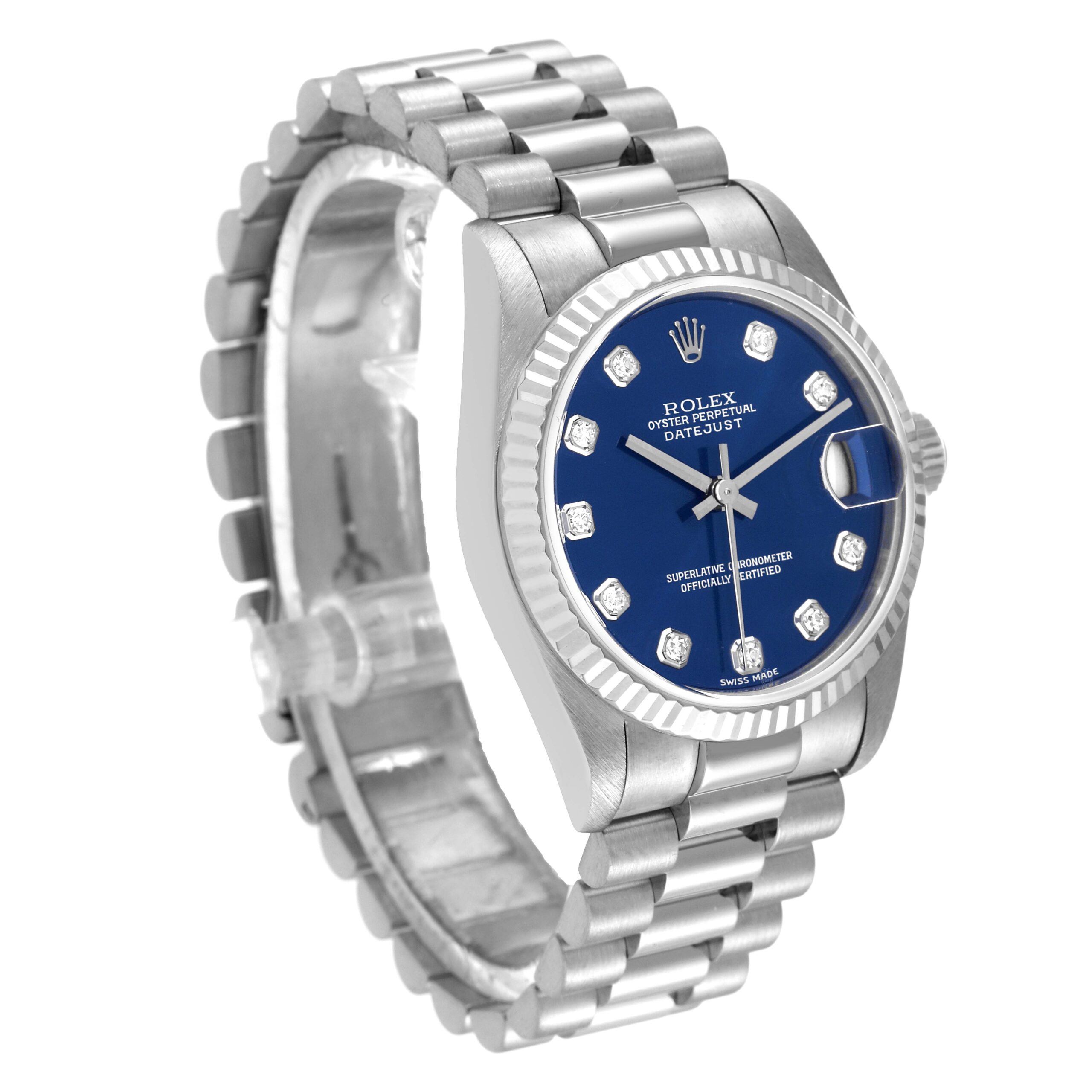 Rolex President Midsize White Gold Blue Diamond Dial Ladies Watch 78279