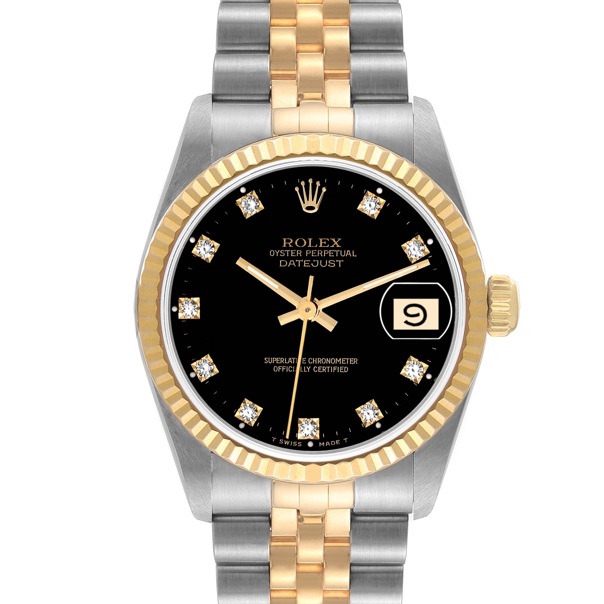 Rolex Datejust Midsize Steel Yellow Gold Black Diamond Dial Ladies Watch 68273