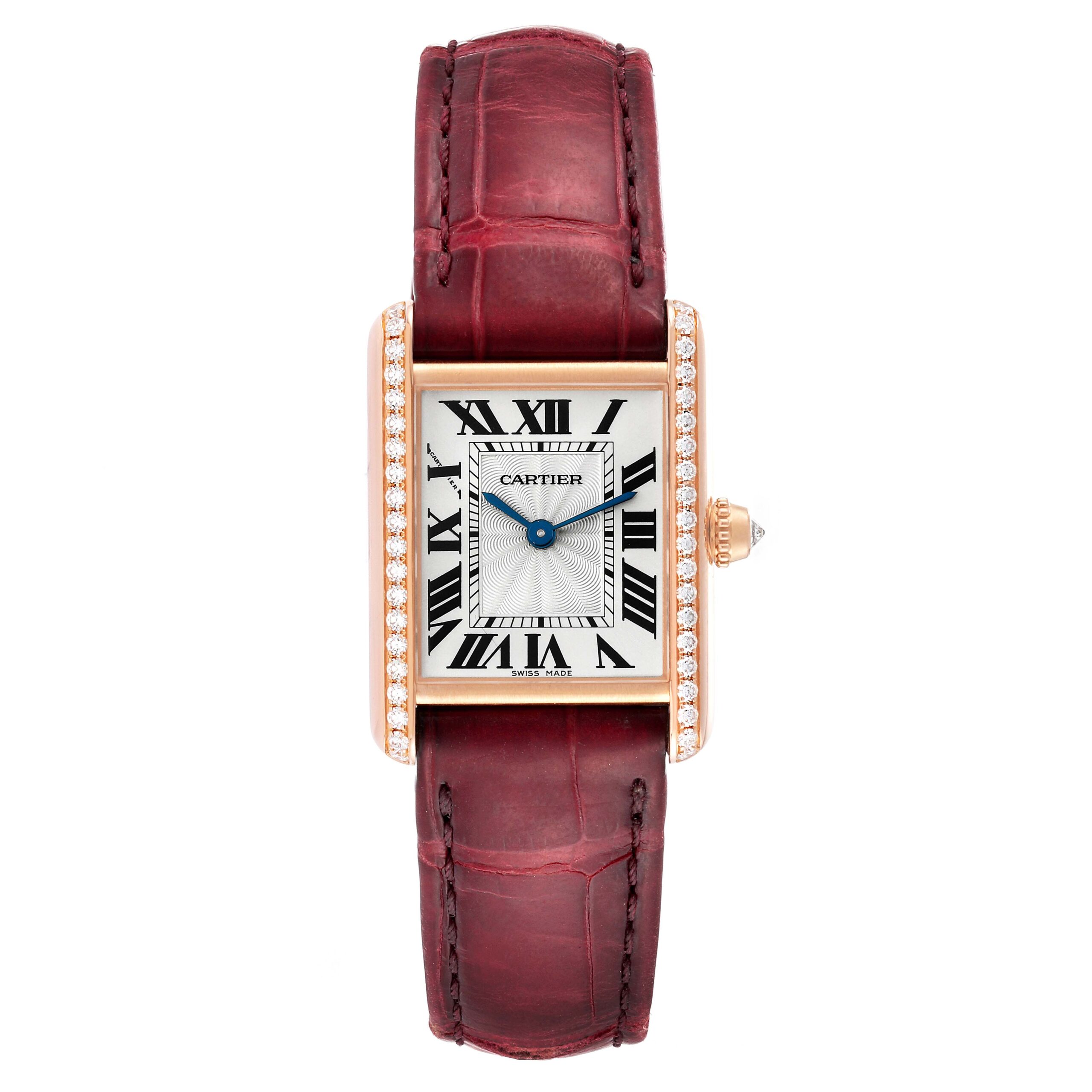 Cartier Tank Louis Rose Gold Diamond Burgundy Strap Ladies Watch WJTA0010 Papers
