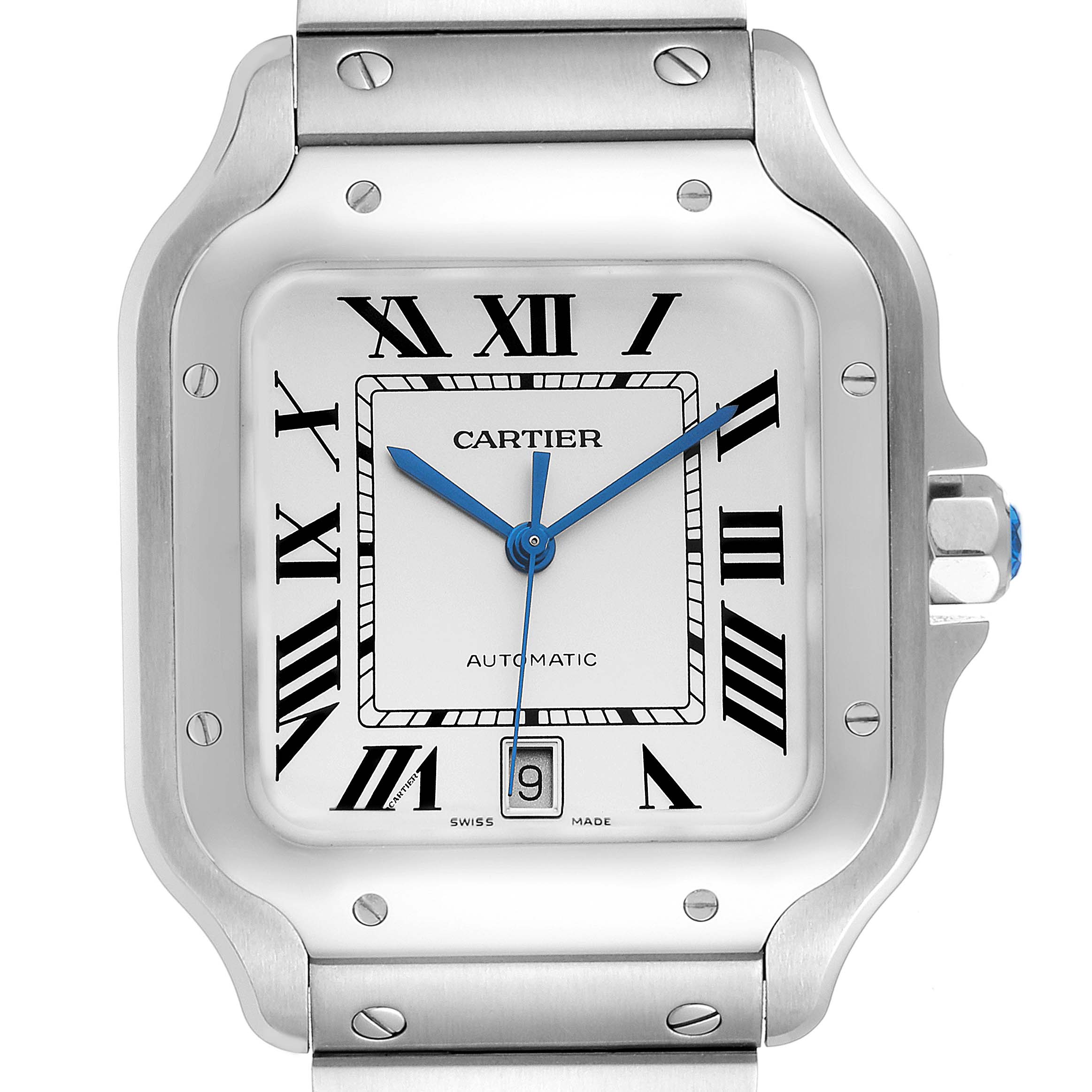 Cartier Santos Silver Dial Large Steel Mens Watch WSSA0018 Box Card Unworn