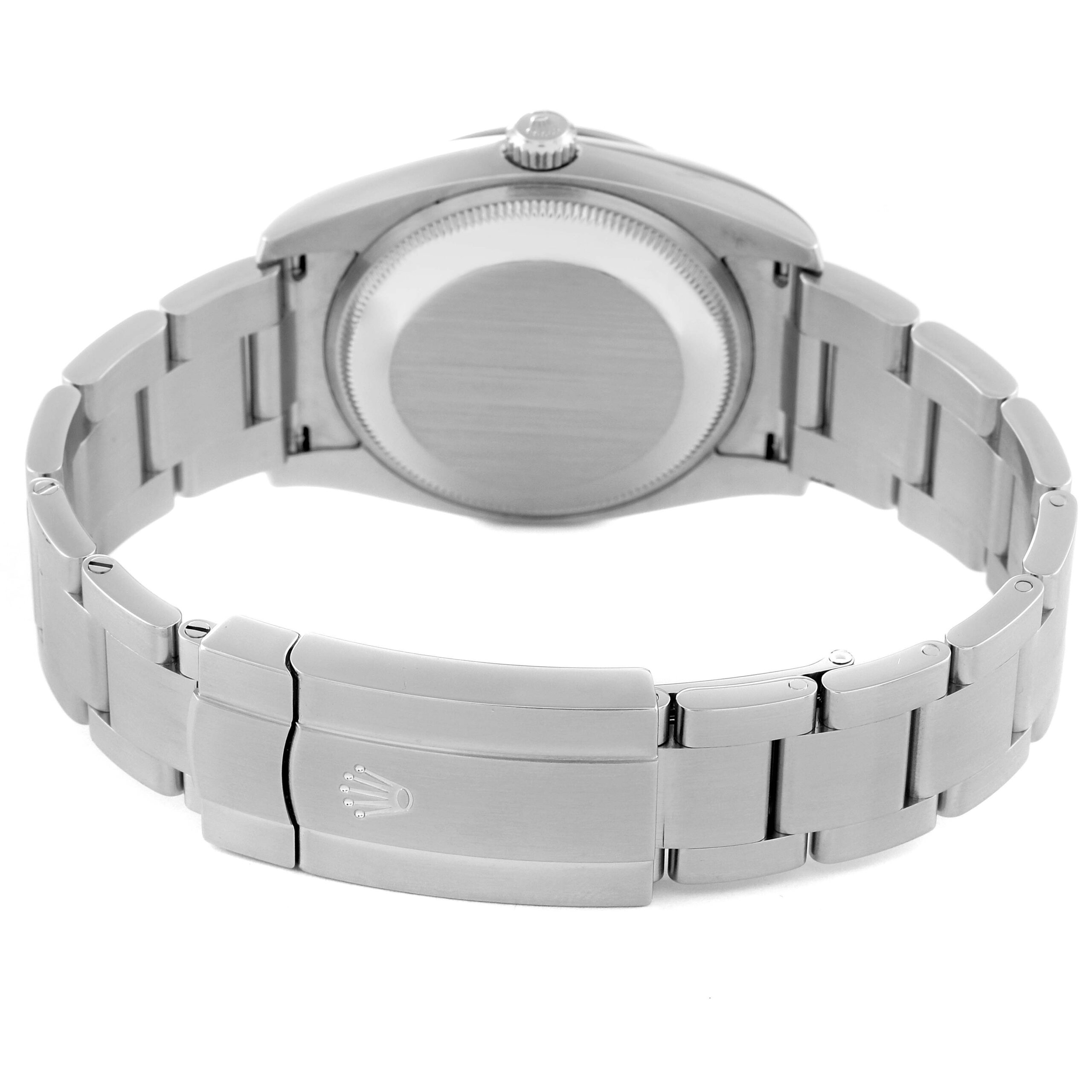 Rolex Oyster Perpetual Silver Dial Smooth Bezel Mens Watch 114200 Box Card