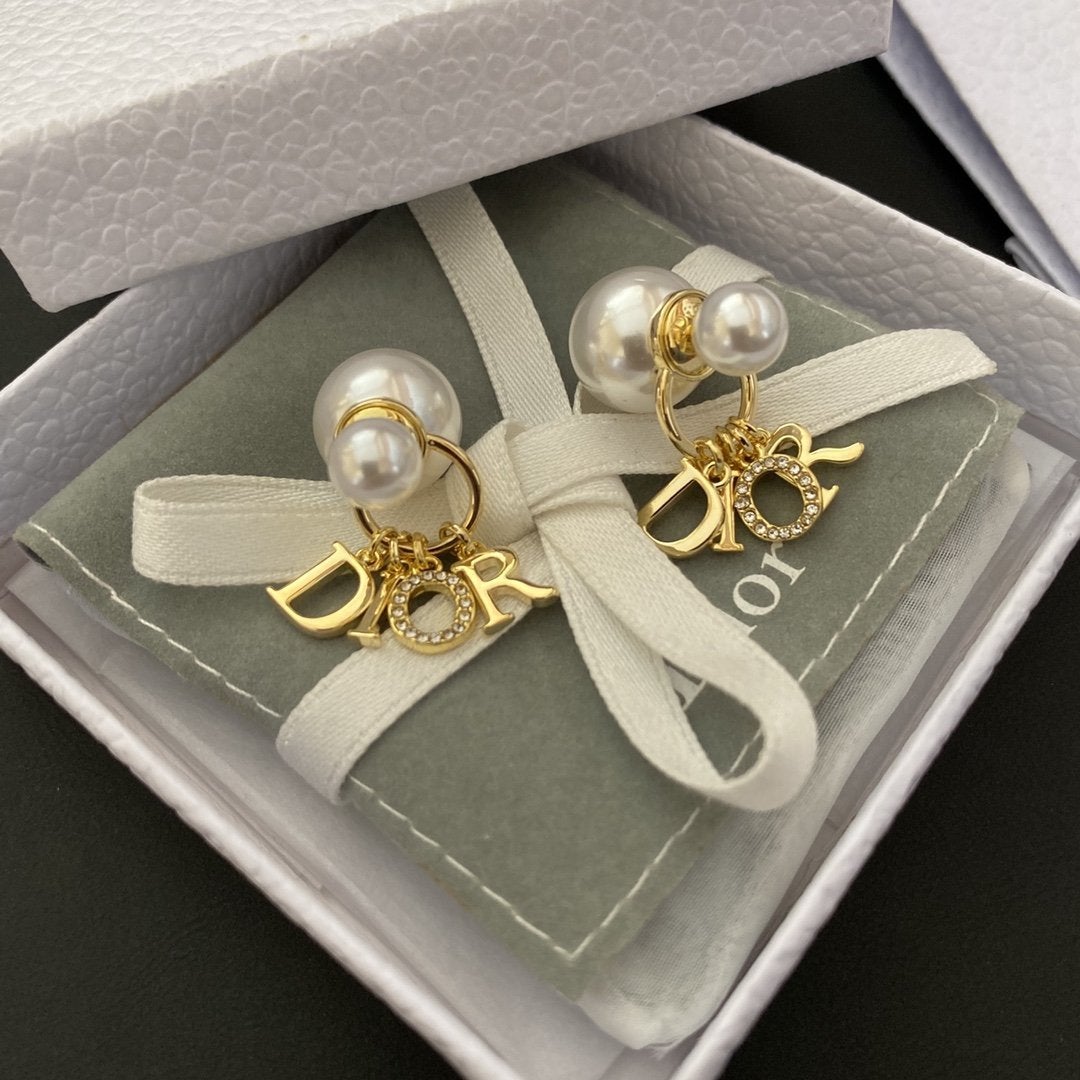 DIOR Fashion Pearl Rhinestone Letter Pendant Earrings