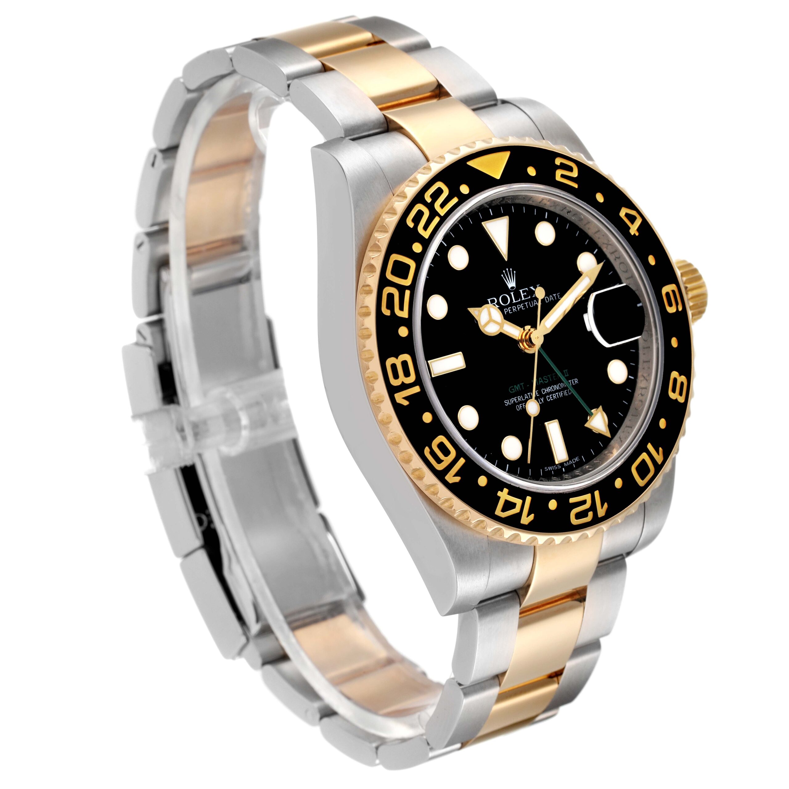 Rolex GMT Master II Yellow Gold Steel Black Dial Mens Watch 116713 Box Card