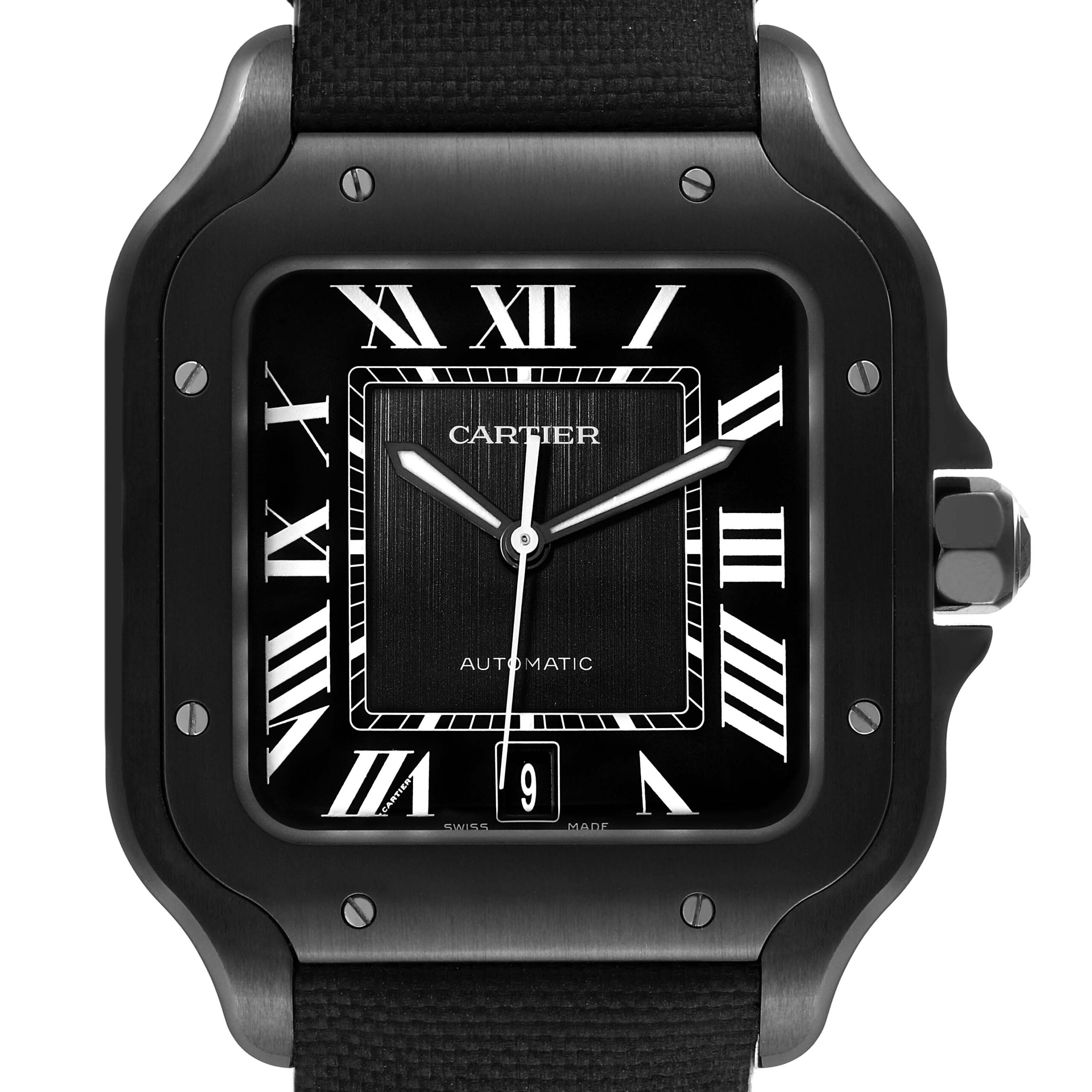 Cartier Santos de Cartier Black Leather Strap Steel Mens Watch WSSA0039 Box Card