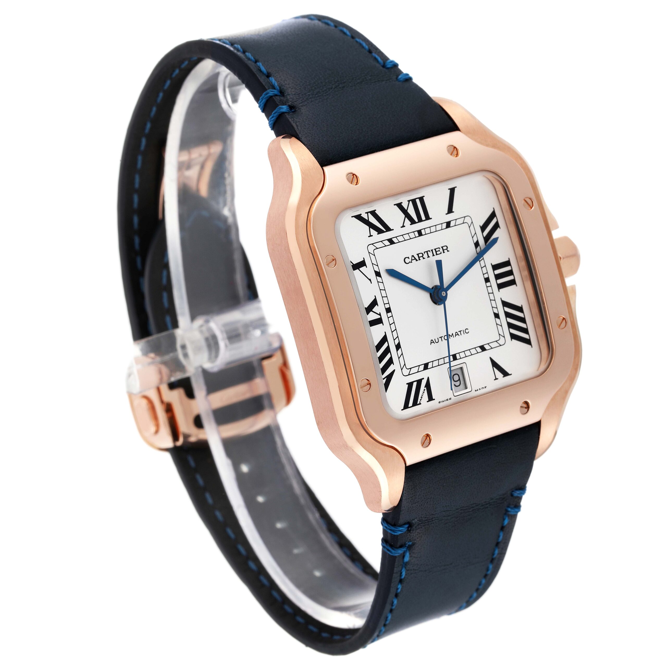 Cartier Santos Large Rose Gold Blue Strap Mens Watch WGSA0019 Card