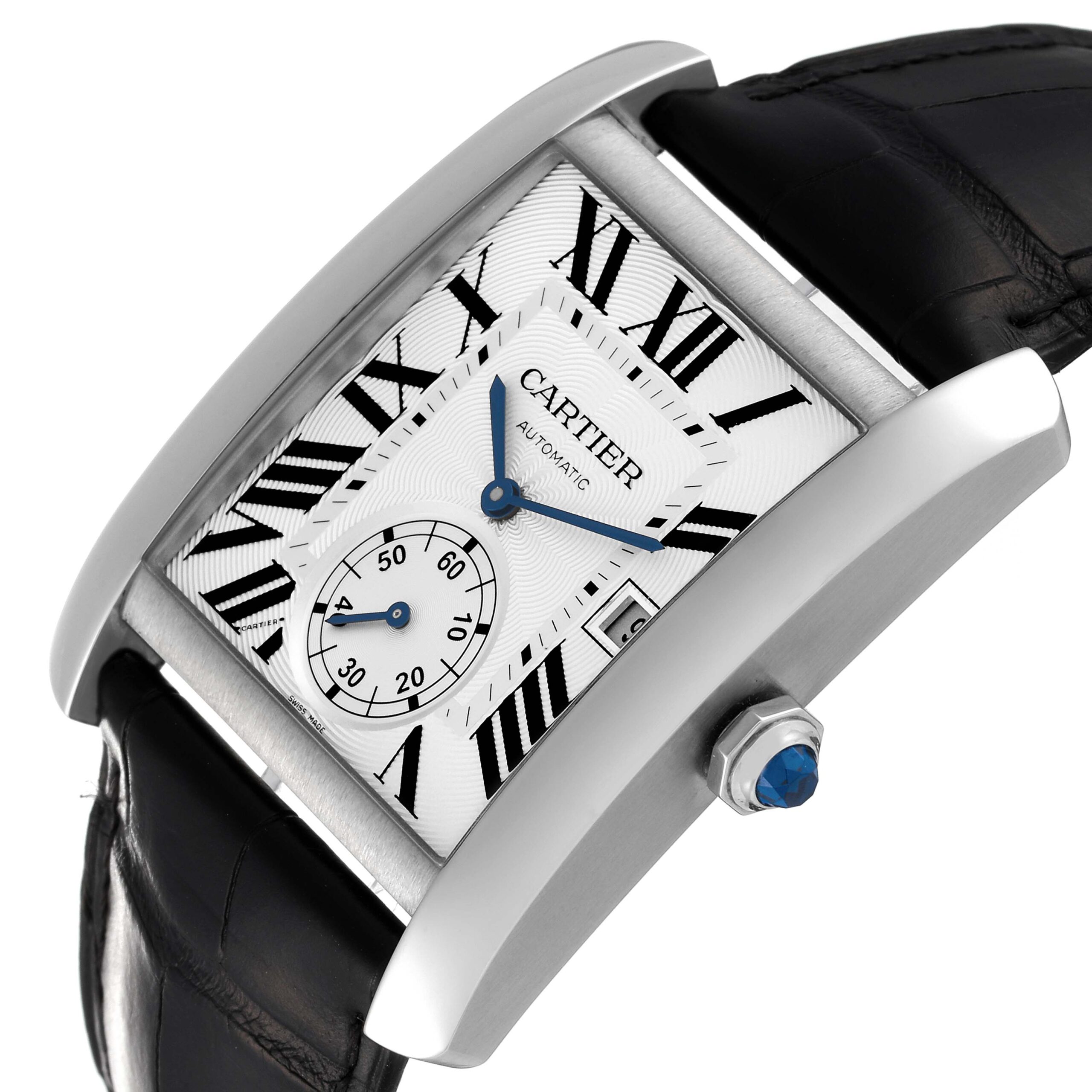 Cartier Tank MC Silver Dial Black Strap Steel Mens Watch W5330003