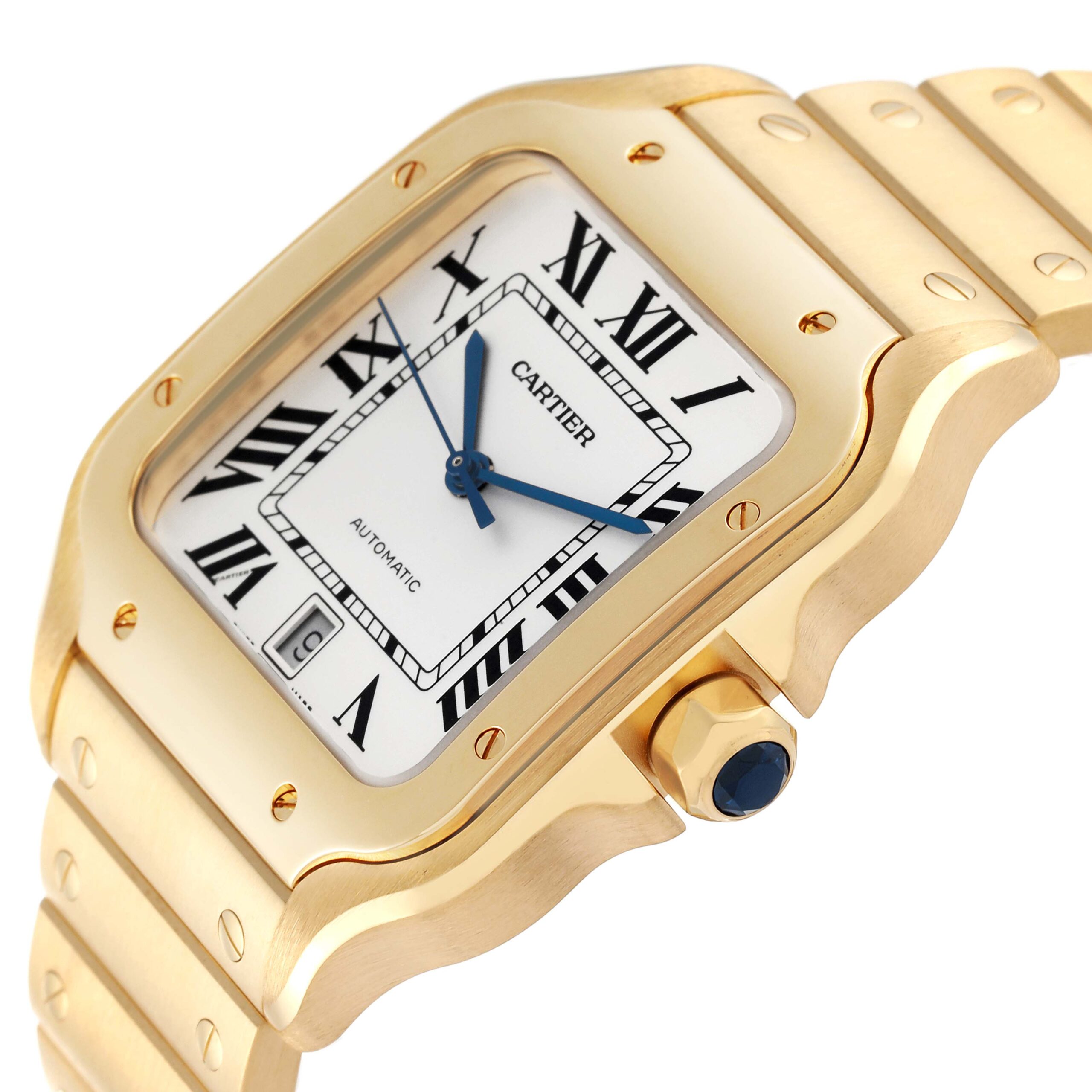 Cartier Santos Silver Dial Large 18k Yellow Gold Mens Watch WGSA0029
