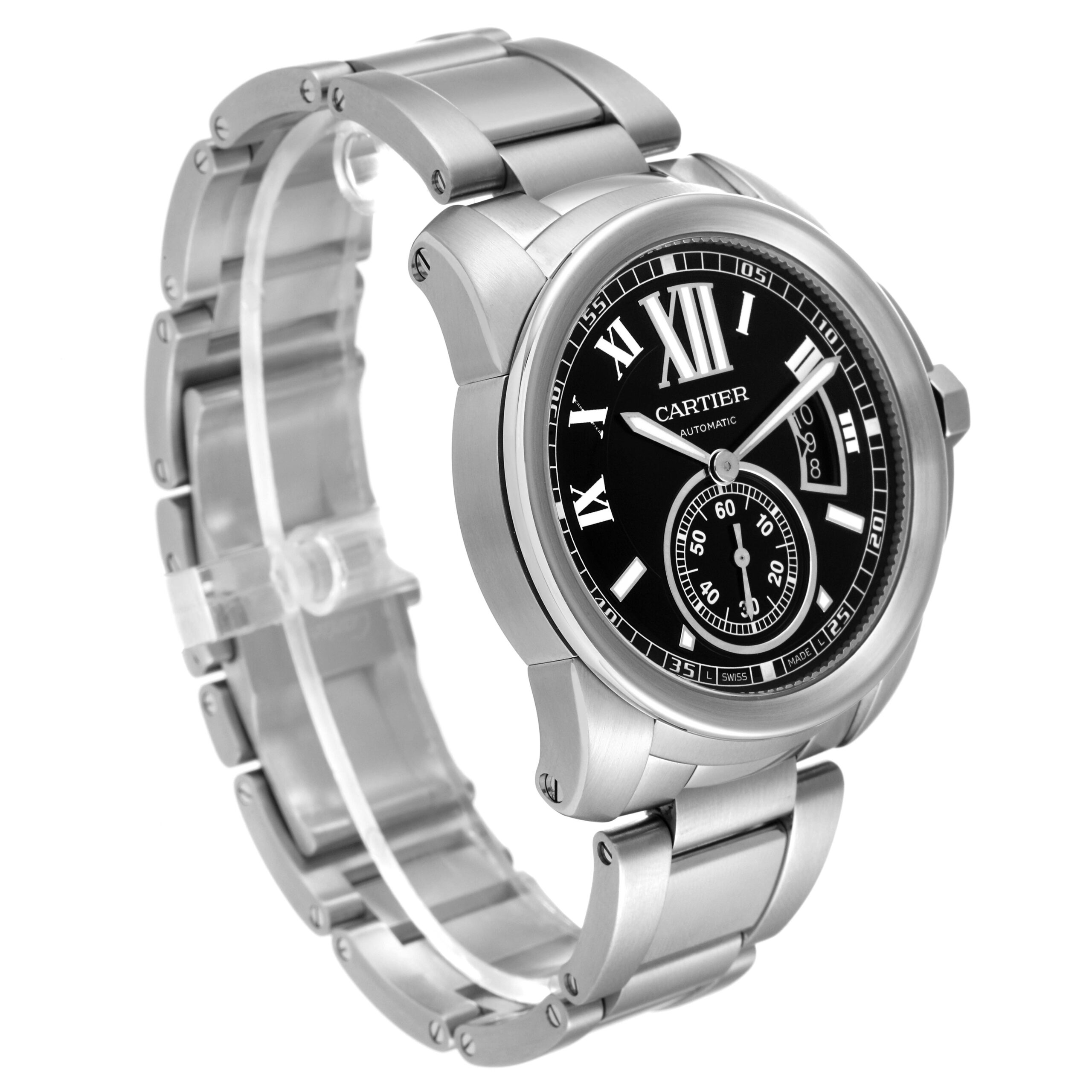 Calibre De Cartier Stainless Steel Black Dial Mens Watch W7100016 Box Papers