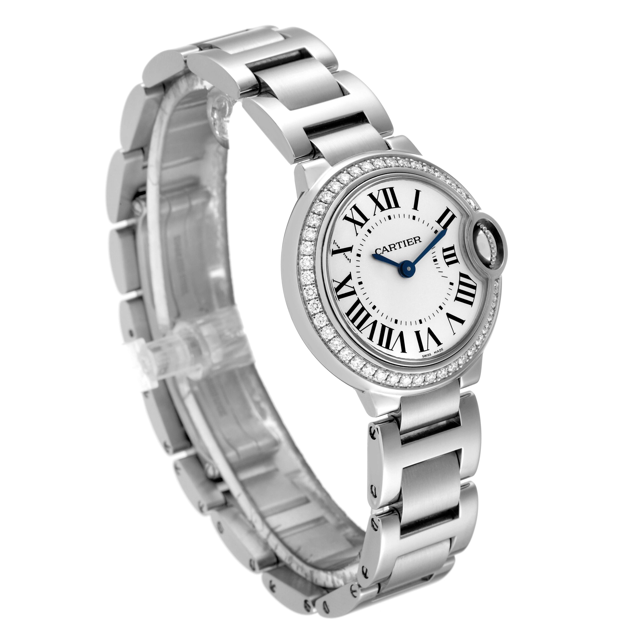 Cartier Ballon Bleu Steel Silver Dial Diamond Ladies Watch W4BB0015 Box Papers