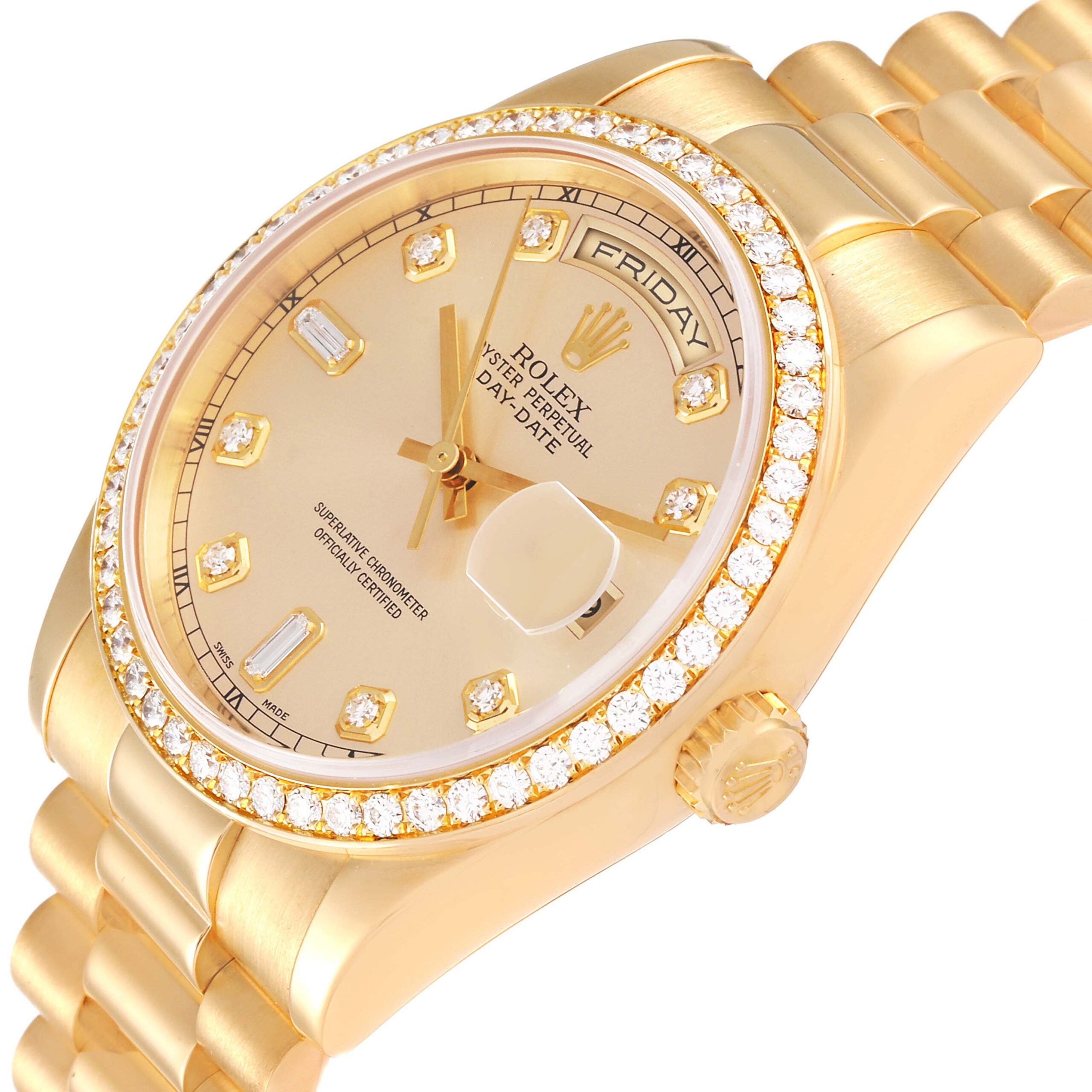 Rolex President Day-Date Yellow Gold Diamond Bezel Mens Watch 118348 Box
