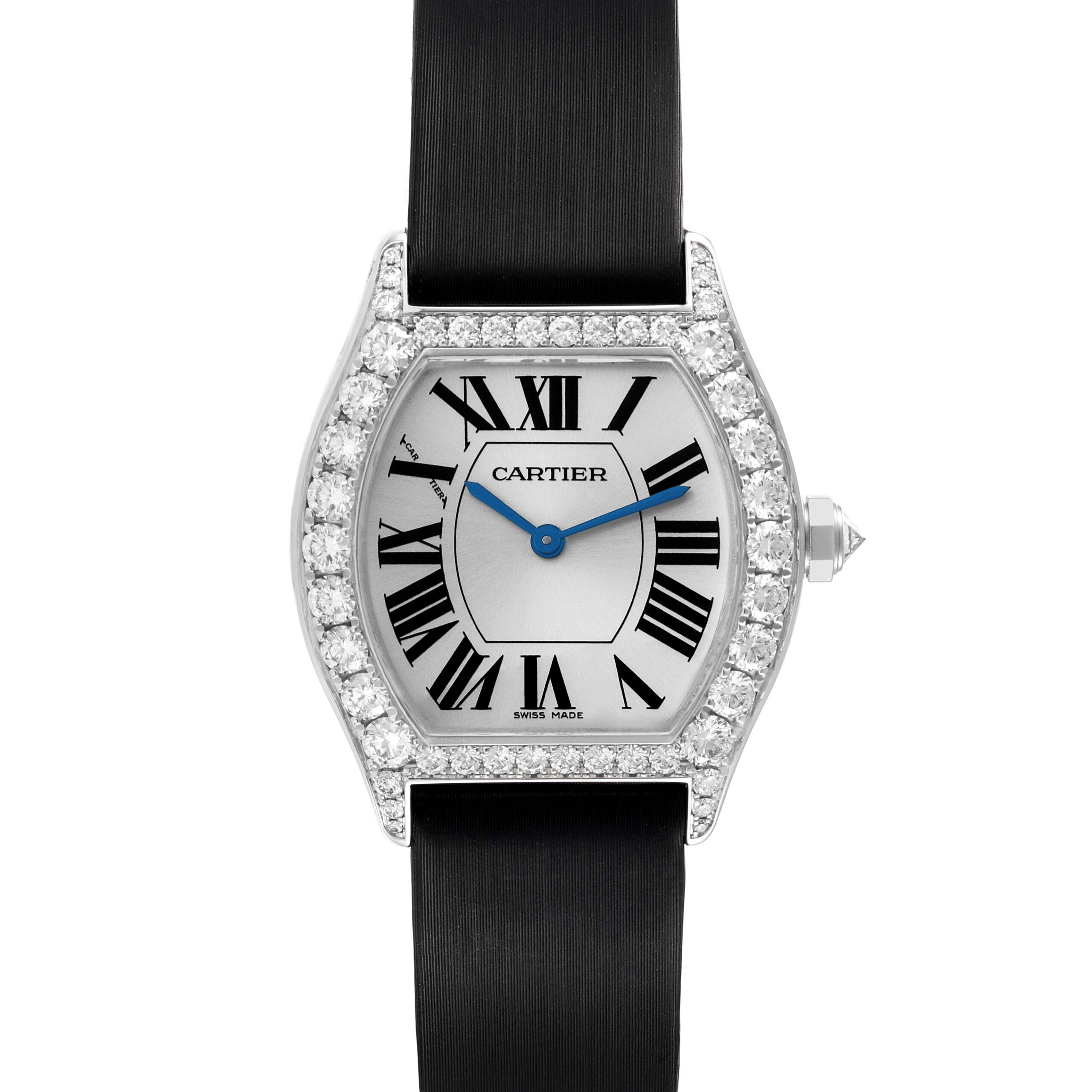 Cartier Tortue 18k White Gold Diamond Black Strap Ladies Watch WA507231