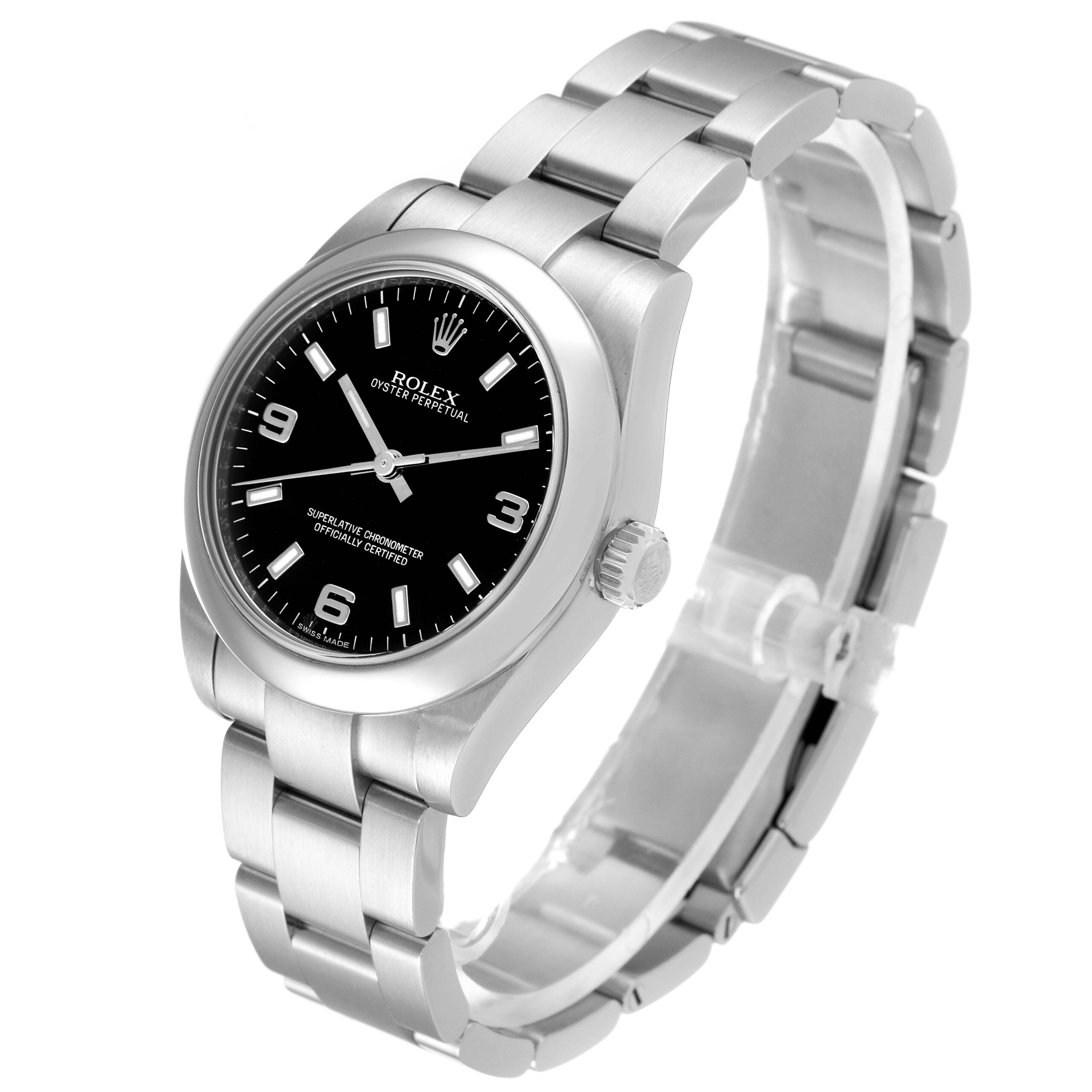 Rolex Midsize Black Dial Domed Bezel Steel Ladies Watch 177200 Box Card