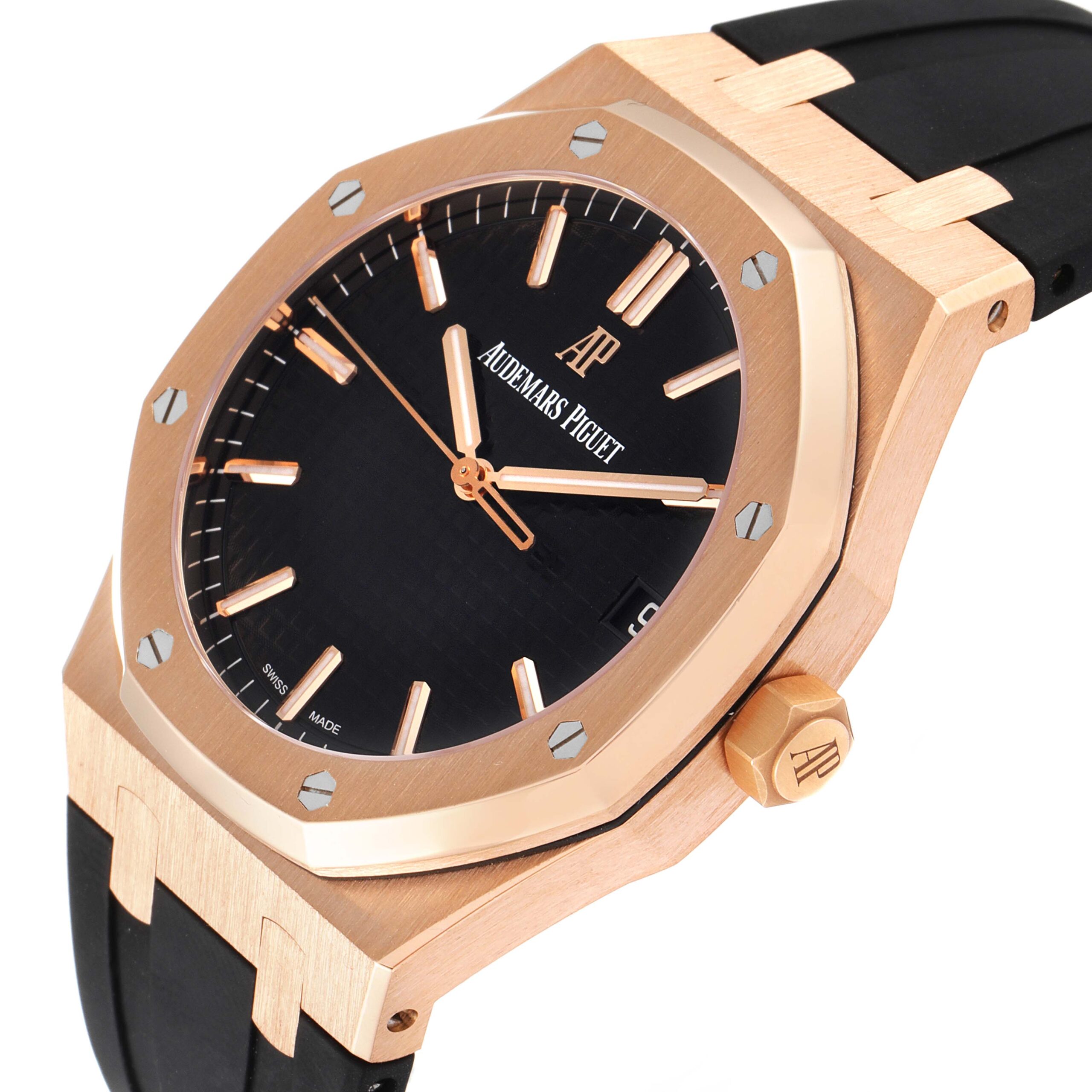Audemars Piguet Royal Oak 18k Rose Gold Black Dial Watch 15500OR Box Papers