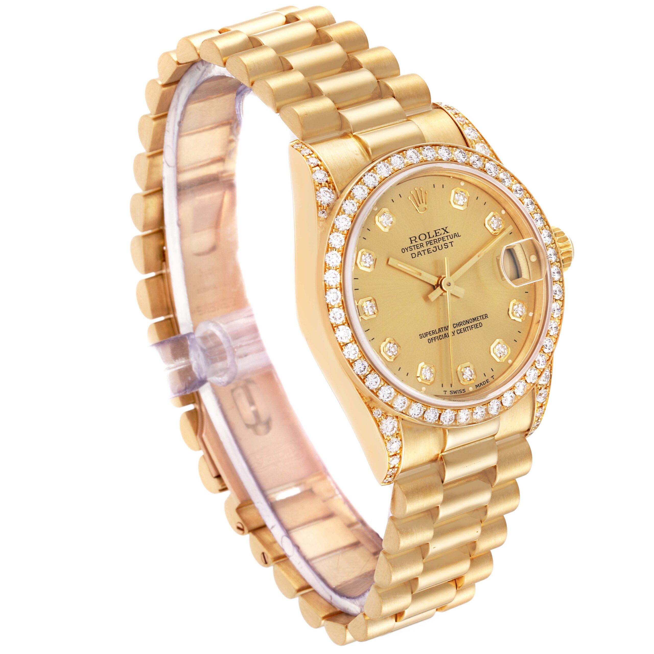 Rolex Datejust President Midsize Yellow Gold Diamond Bezel Ladies Watch 68158