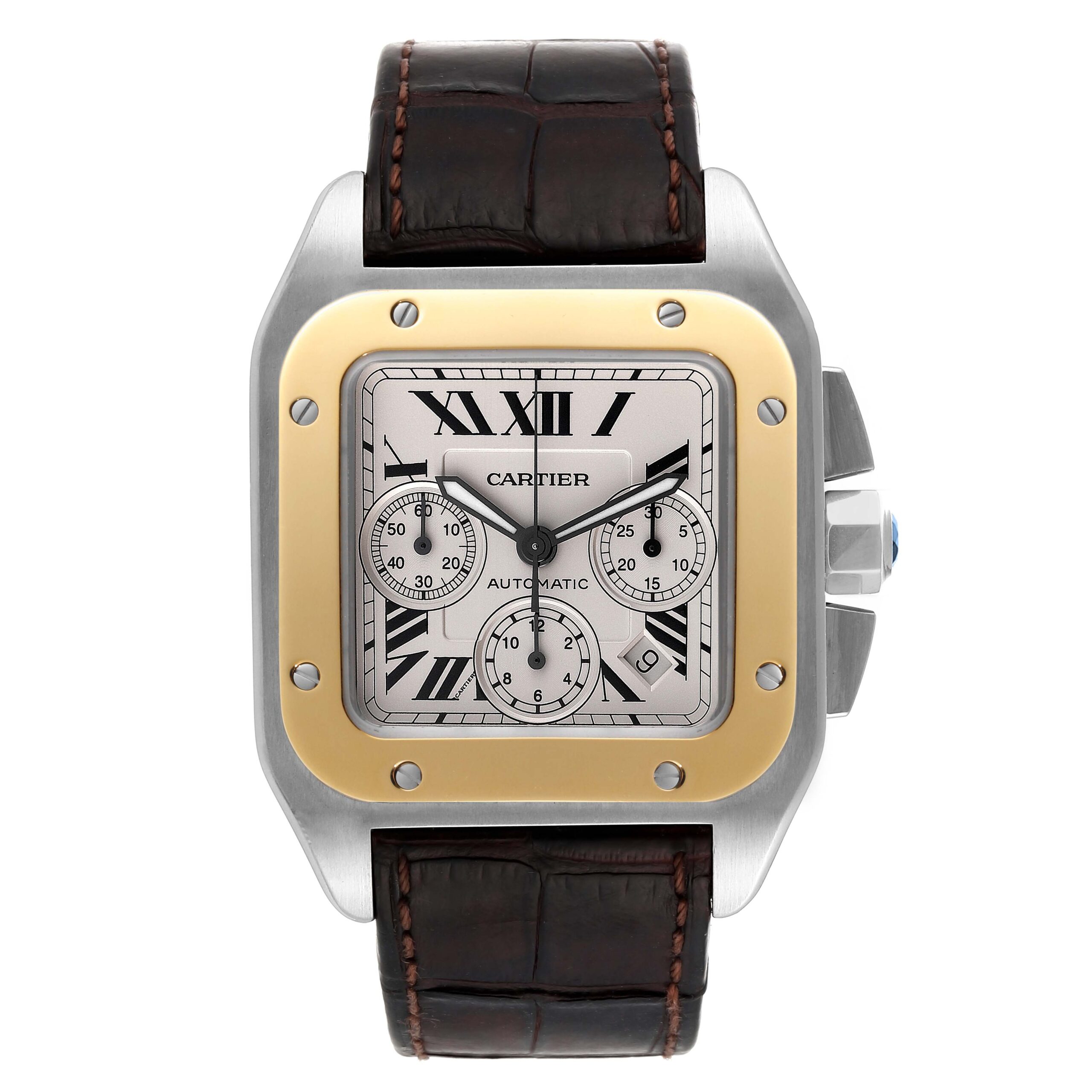 Cartier Santos 100 Steel Yellow Gold Chronograph Mens Watch W20091X7