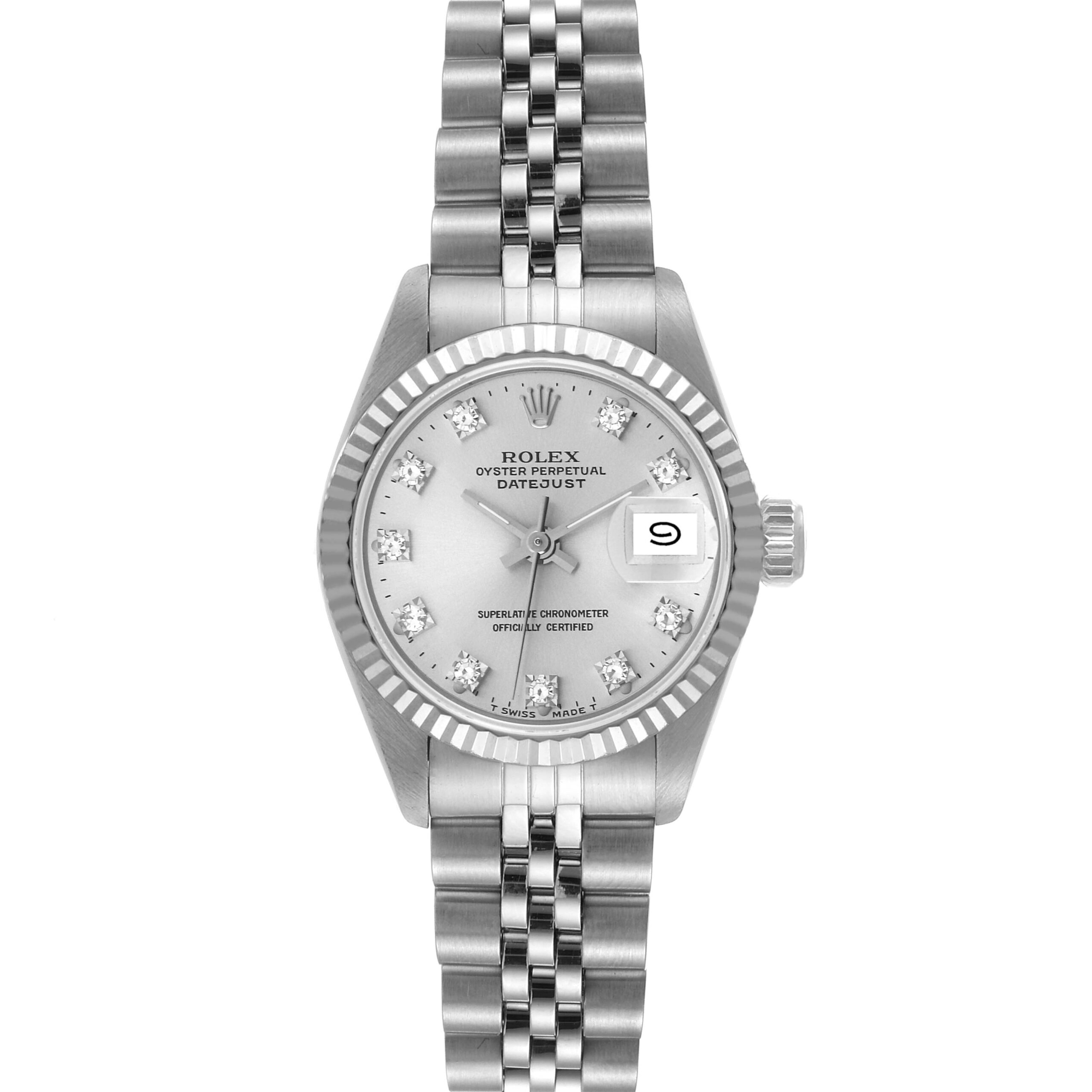 Rolex Datejust White Gold Silver Diamond Dial Ladies Watch 69174 Box Papers