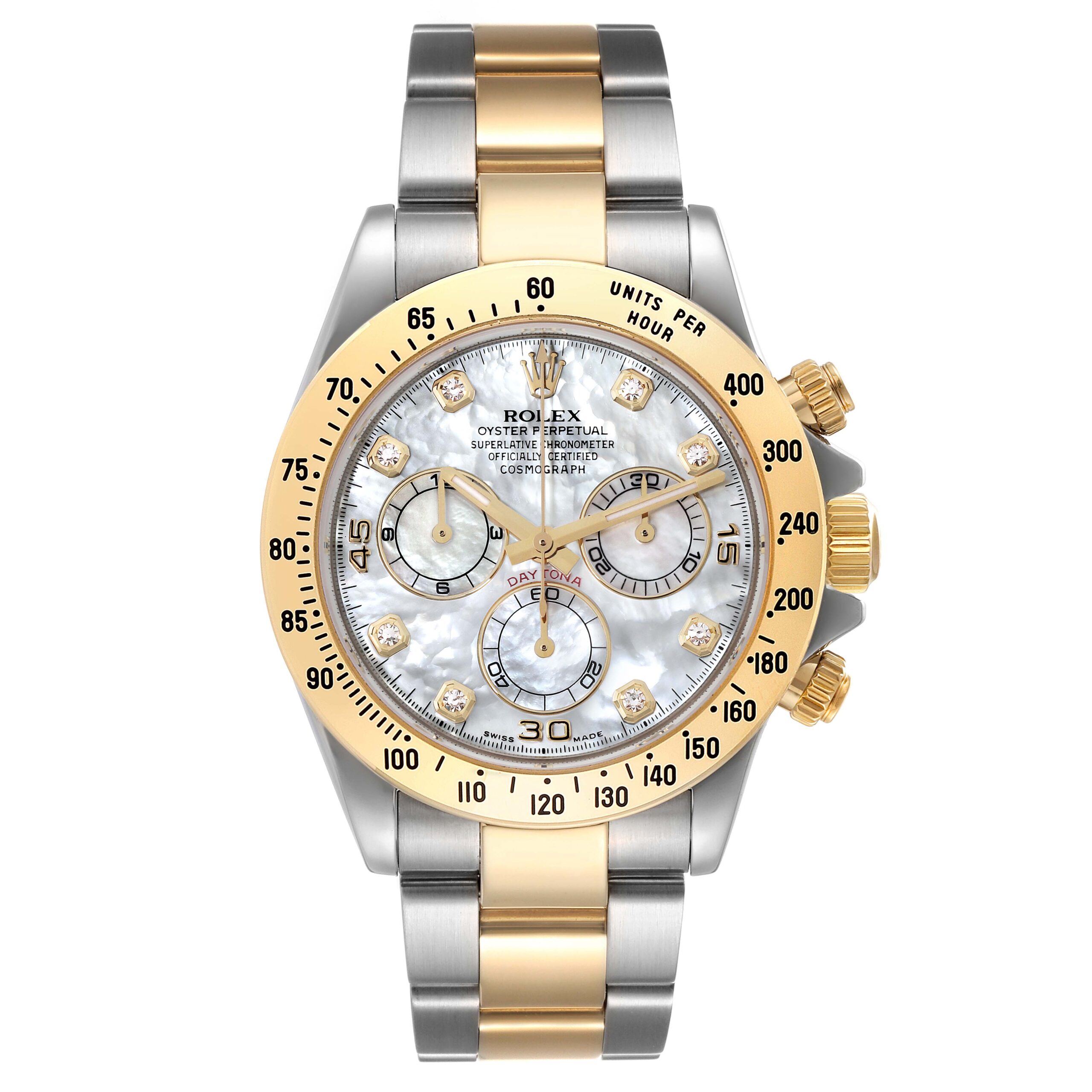 Rolex Daytona Yellow Gold Steel Mother of Pearl Diamond Mens Watch 116523 Box Card