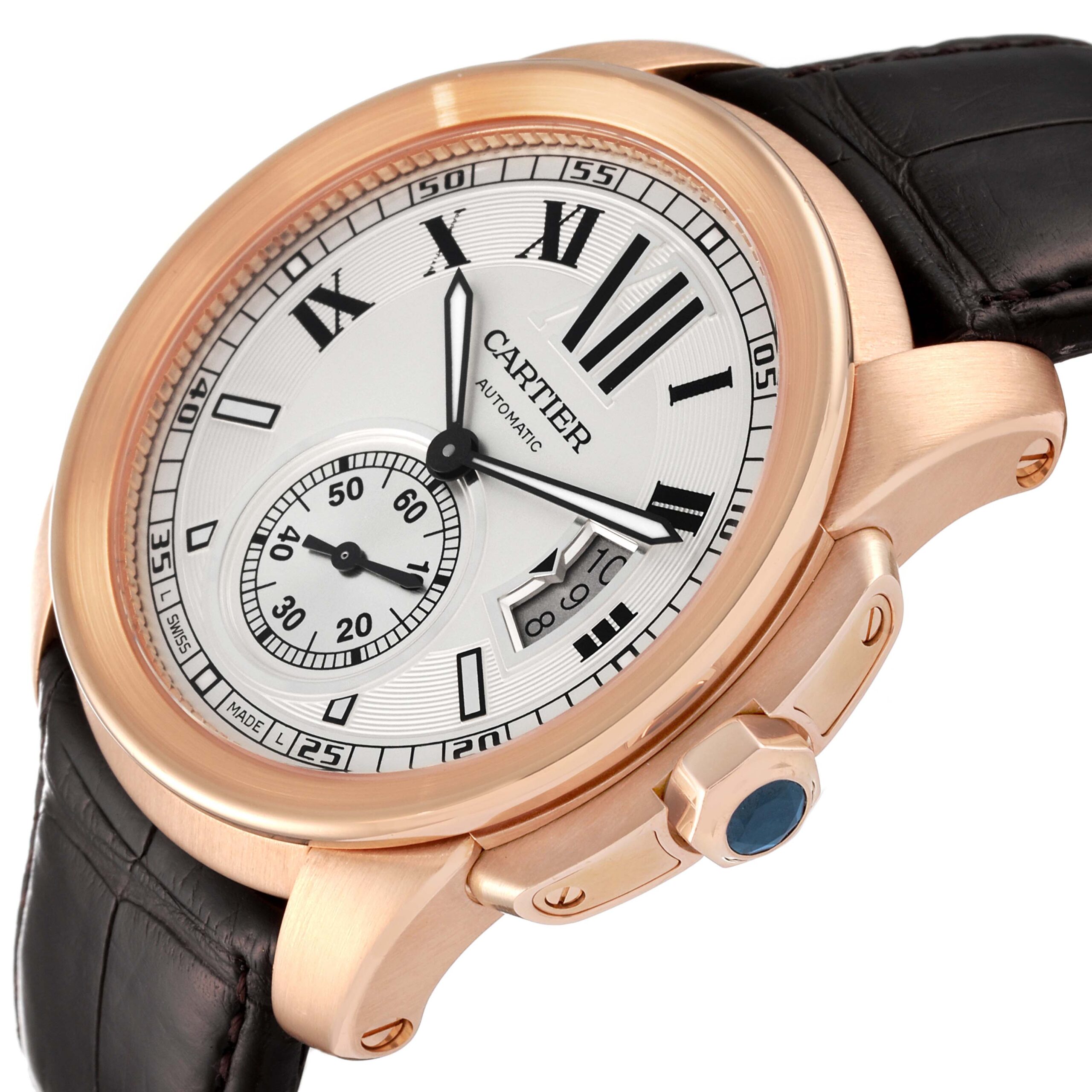 Cartier Calibre Rose Gold Silver Dial Automatic Mens Watch W7100009