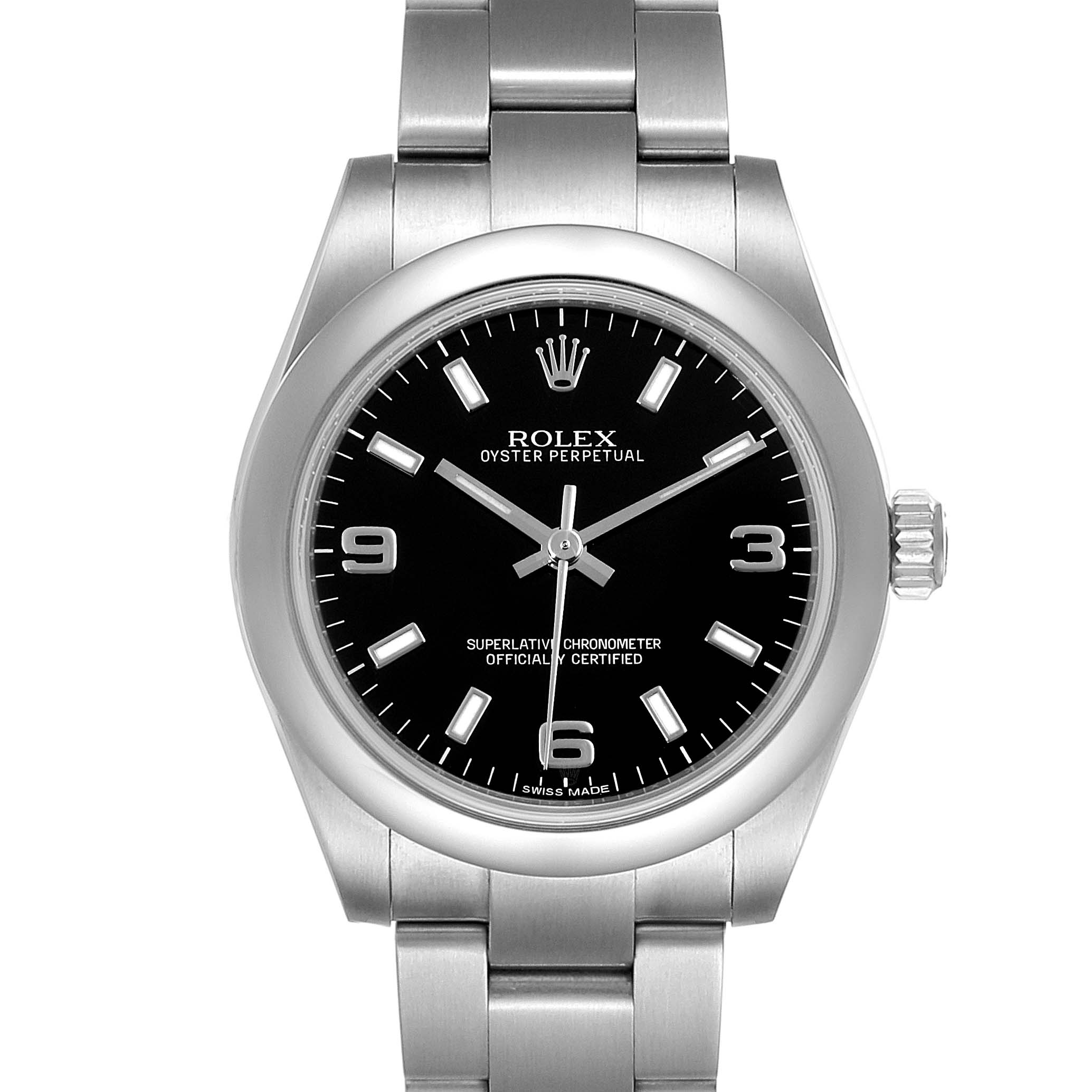 Rolex Midsize Black Dial Domed Bezel Steel Ladies Watch 177200 Box Card