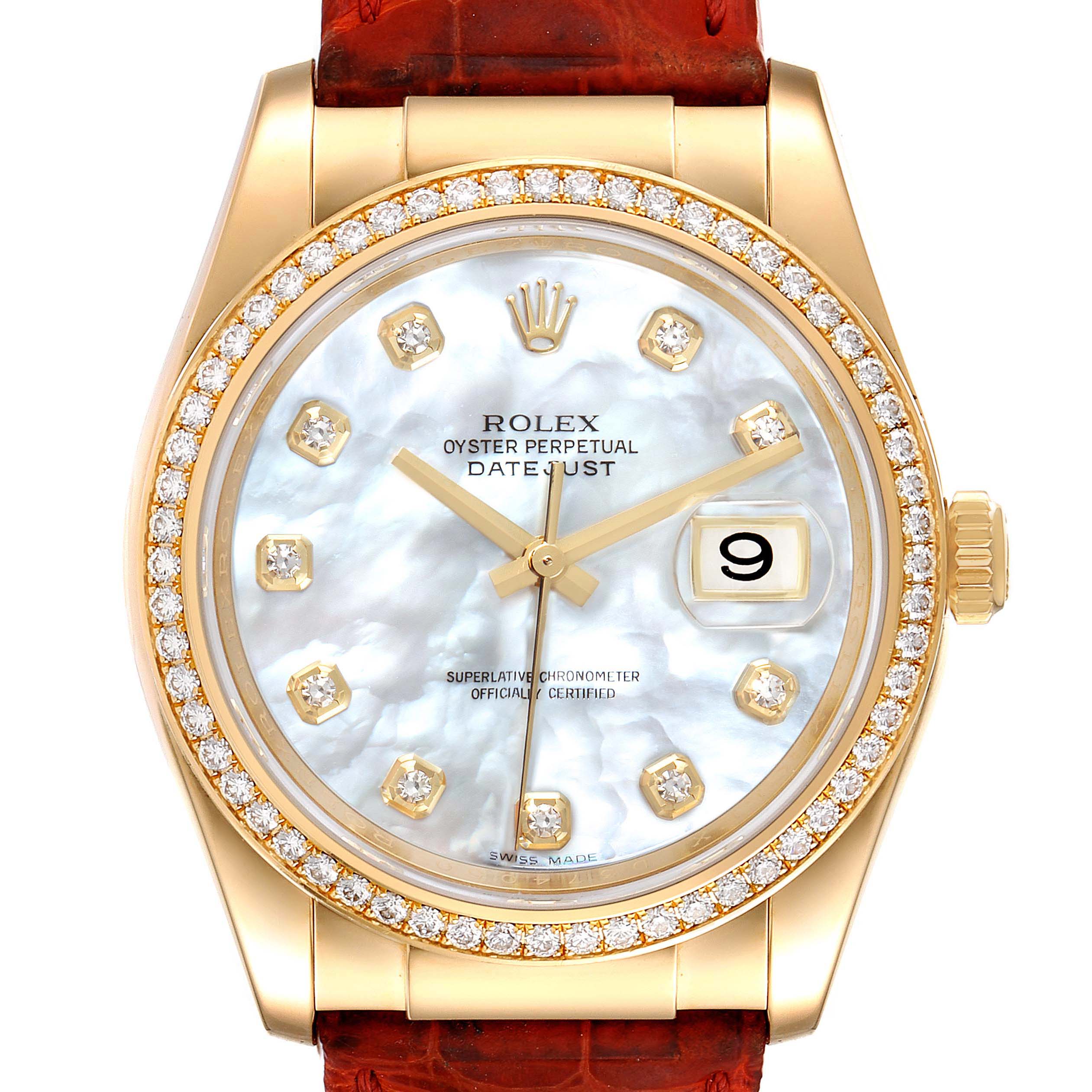 Rolex Datejust Yellow Gold Mother of Pearl Diamond Mens Watch 116188 Box Card