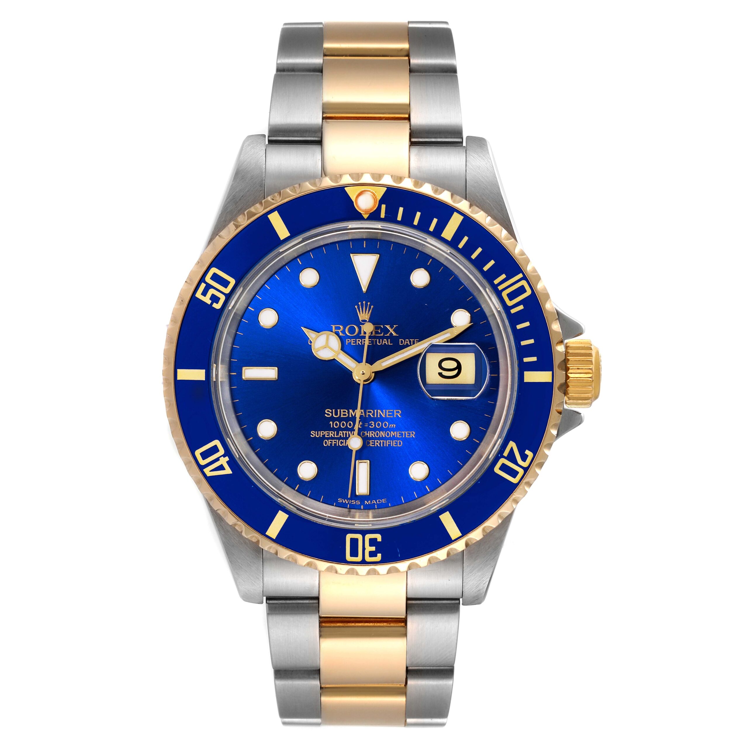 Rolex Submariner Blue Dial Steel Yellow Gold Mens Watch 16613 Box Papers