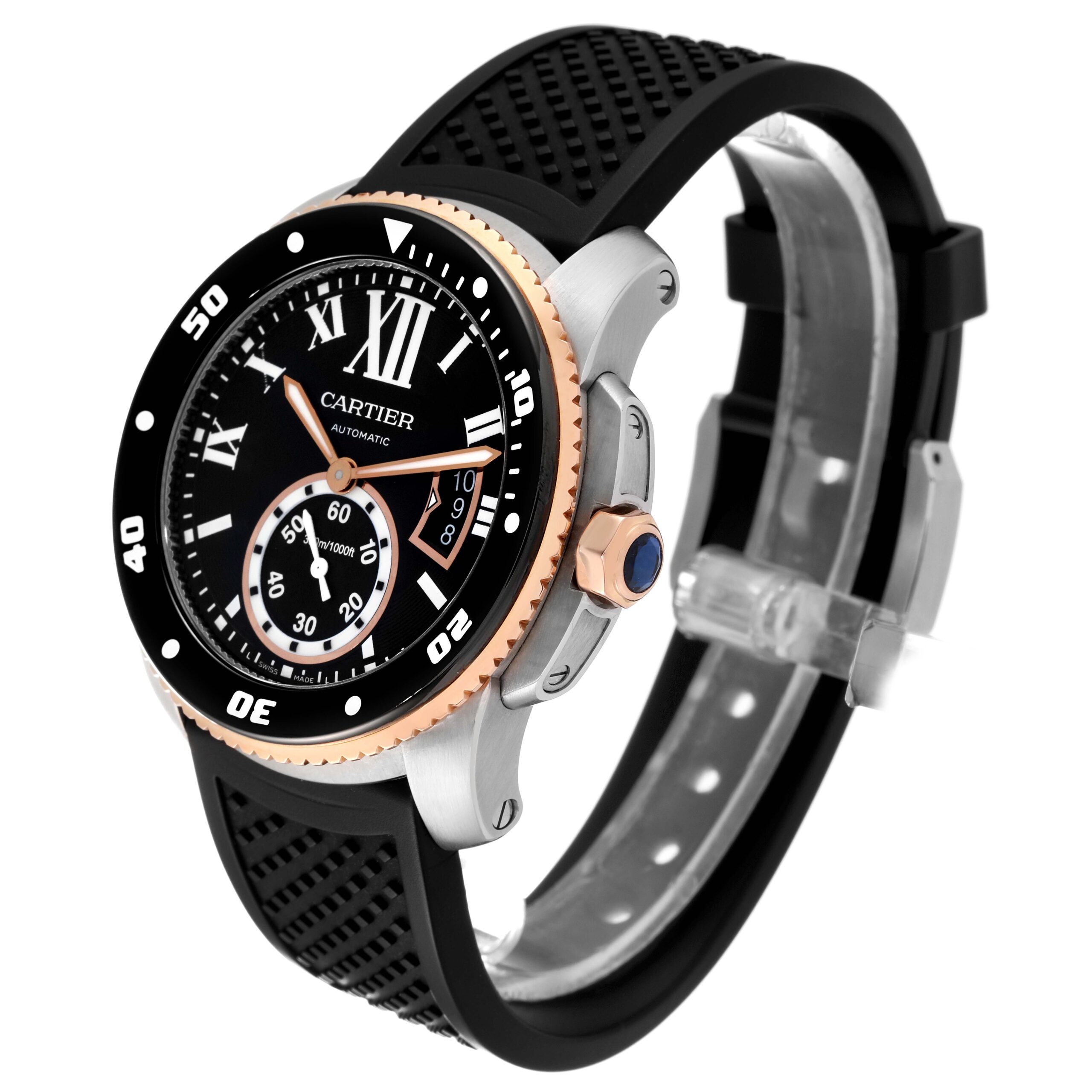 Cartier Calibre Diver Steel Rose Gold Black Dial Mens Watch W7100055 Box Papers