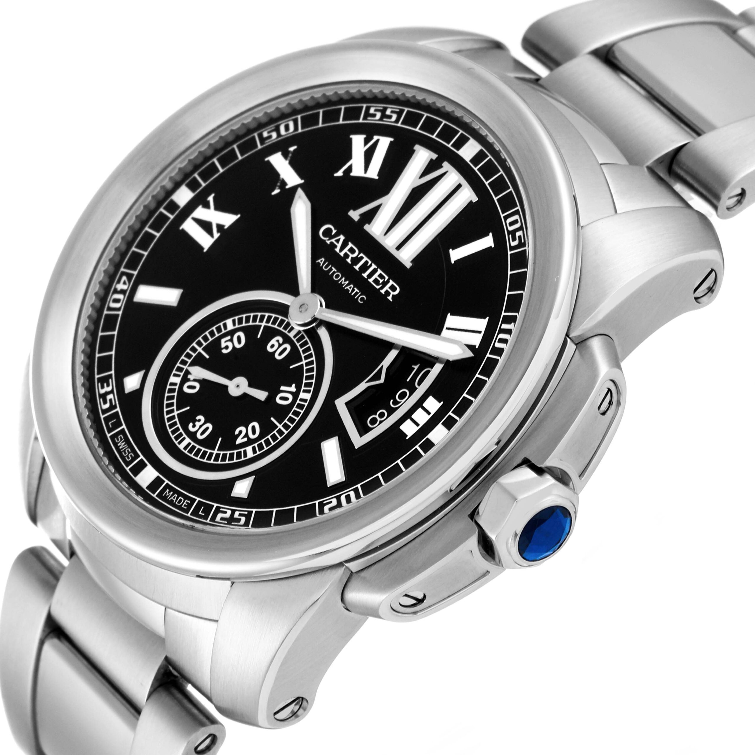 Calibre De Cartier Stainless Steel Black Dial Mens Watch W7100016 Box Papers