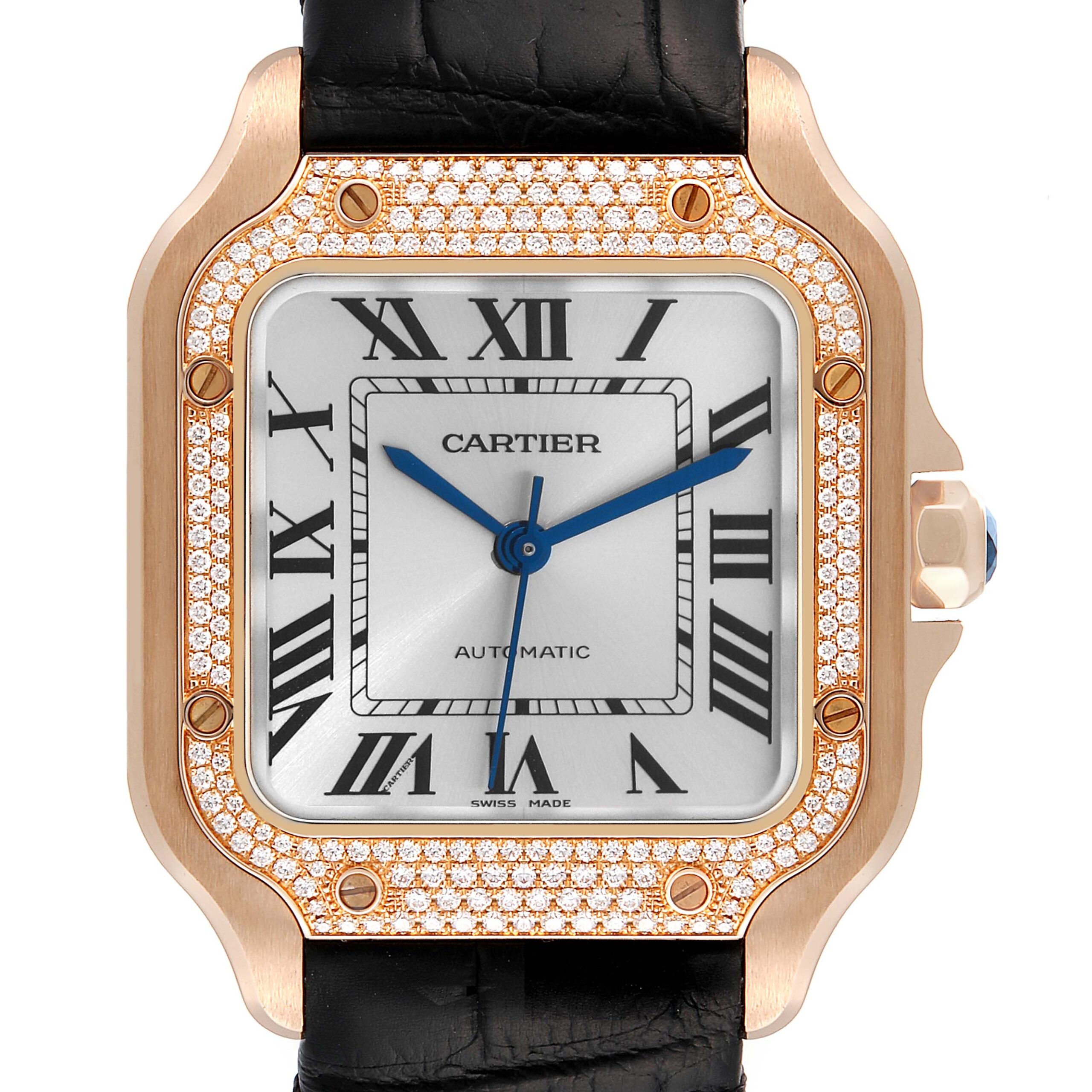 Cartier Santos Midsize Rose Gold Diamond Mens Watch WJSA0007 Box Card