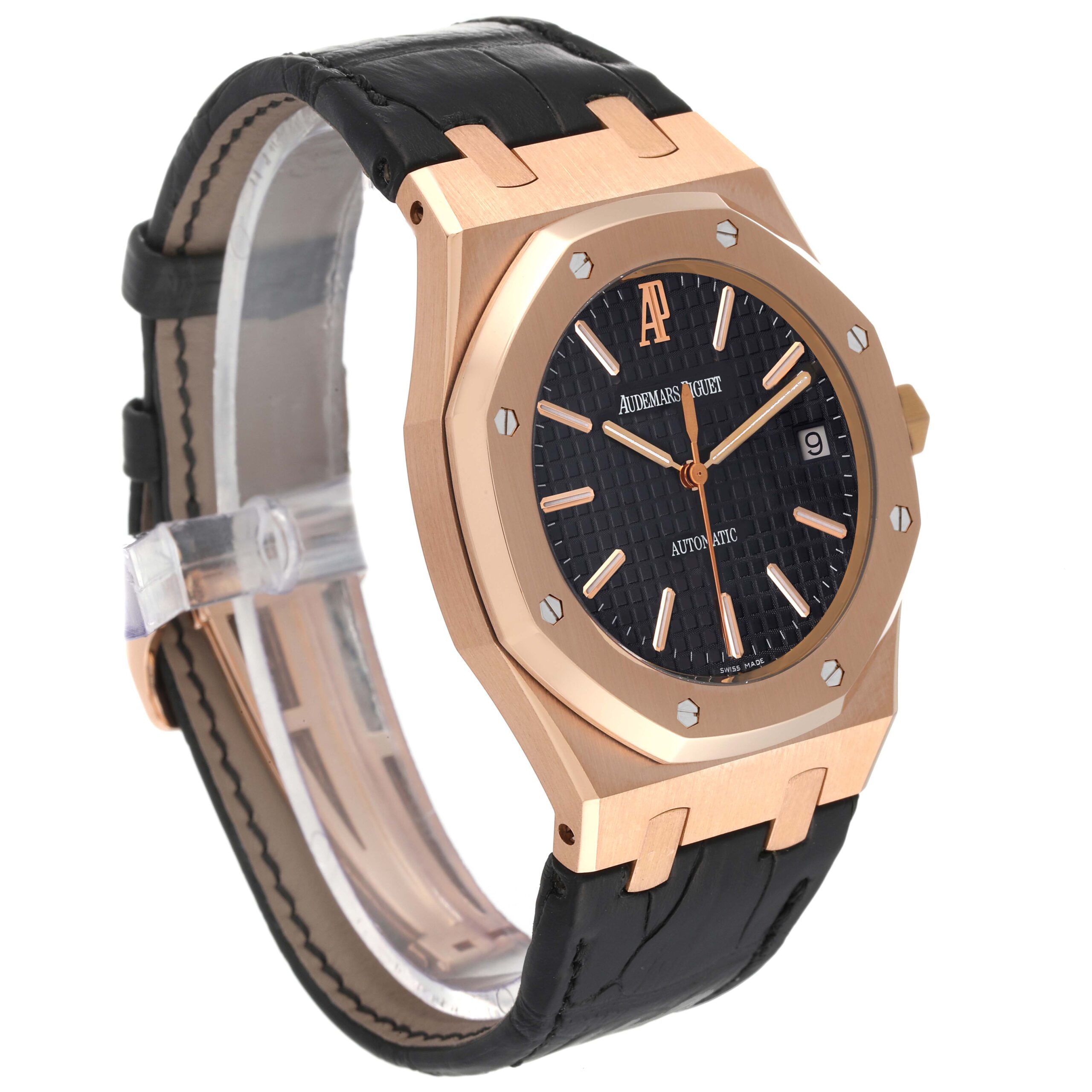Audemars Piguet Royal Oak 18k Rose Gold Black Dial Watch 15300OR Box Papers