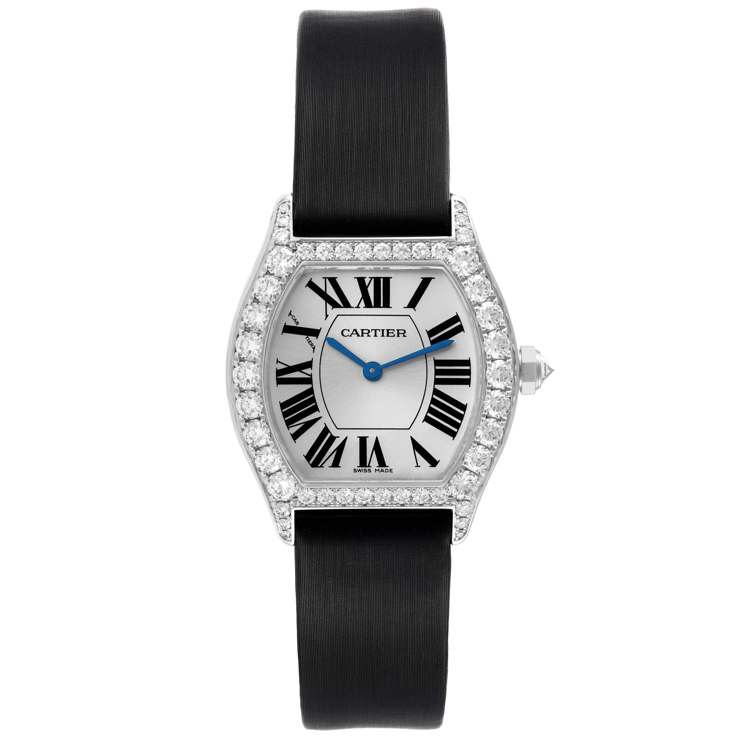 Cartier Tortue 18k White Gold Diamond Black Strap Ladies Watch WA507231