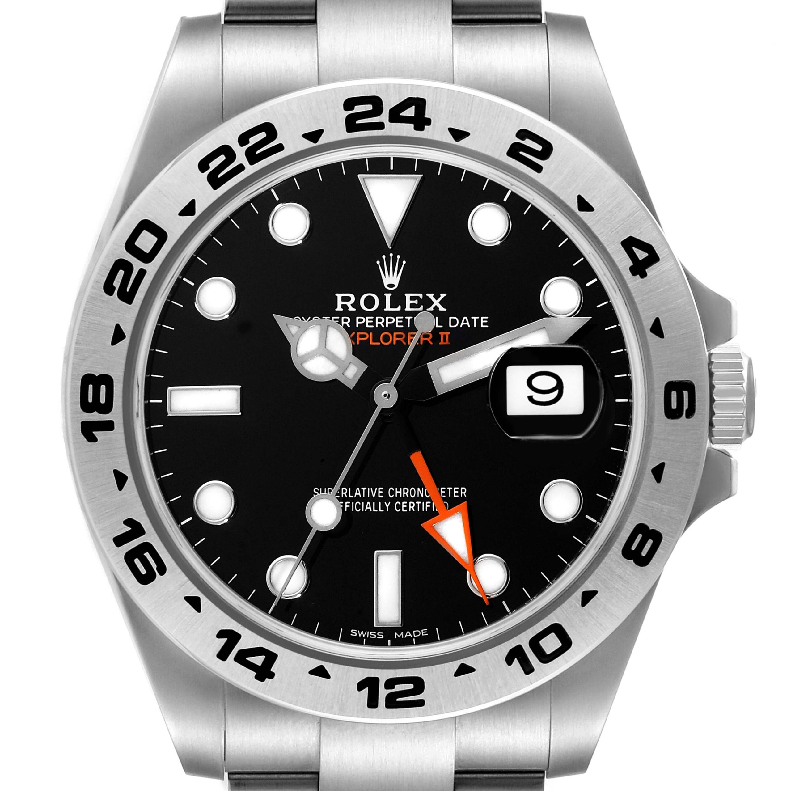 Rolex Explorer II GMT 42 Black Dial Orange Hand Steel Mens Watch 216570 Box Card
