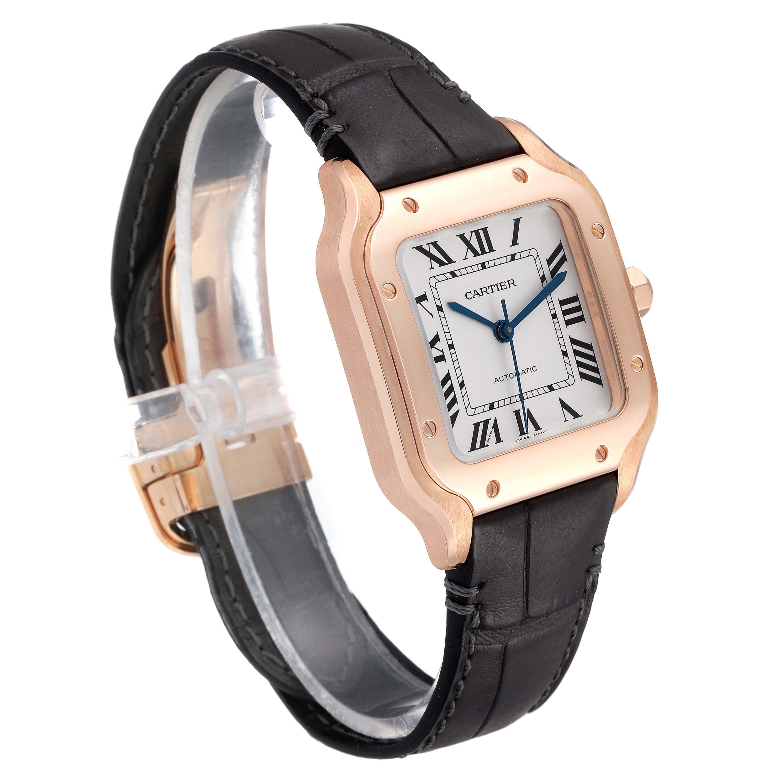 Cartier Santos Midsize Rose Gold Grey Strap Mens Watch WGSA0012 Box Card