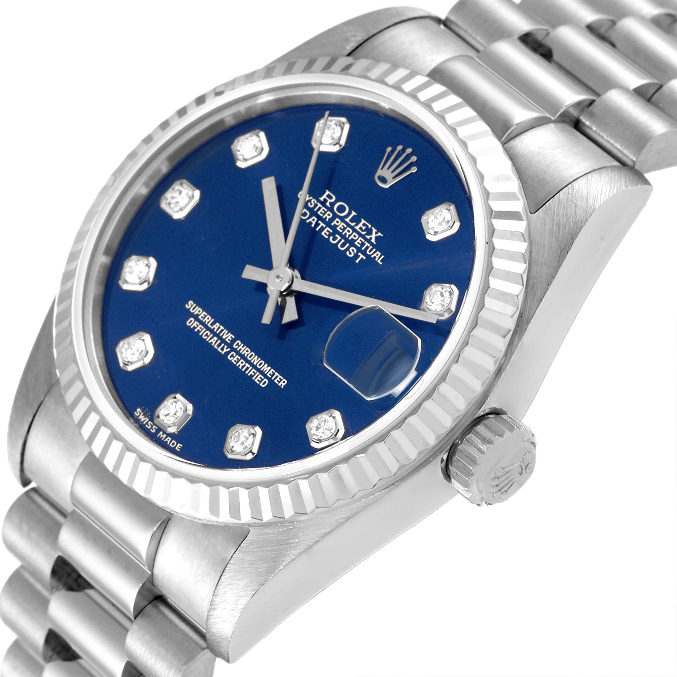 Rolex President Midsize White Gold Blue Diamond Dial Ladies Watch 78279