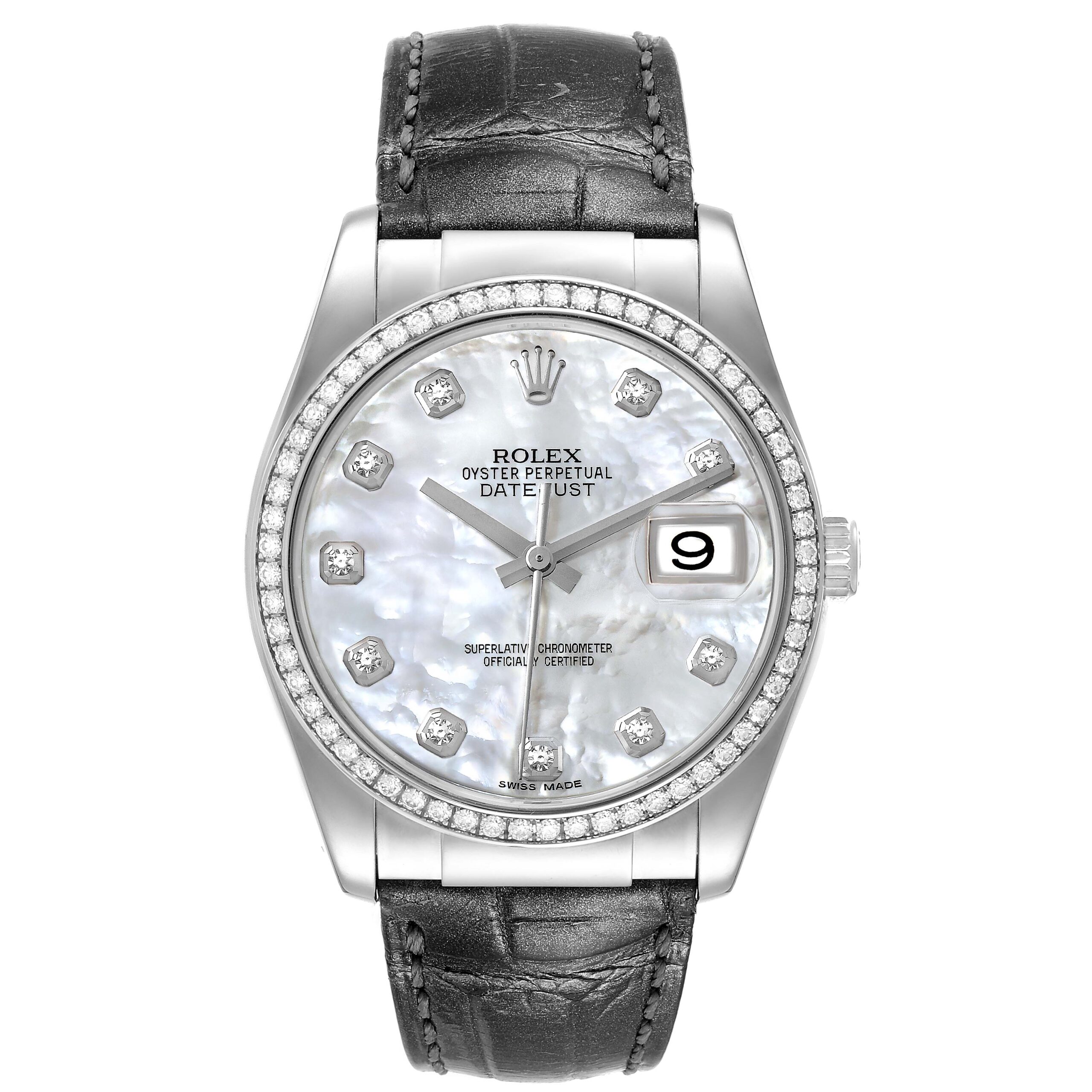 Rolex Datejust White Gold Mother of Pearl Dial Diamond Mens Watch 116189