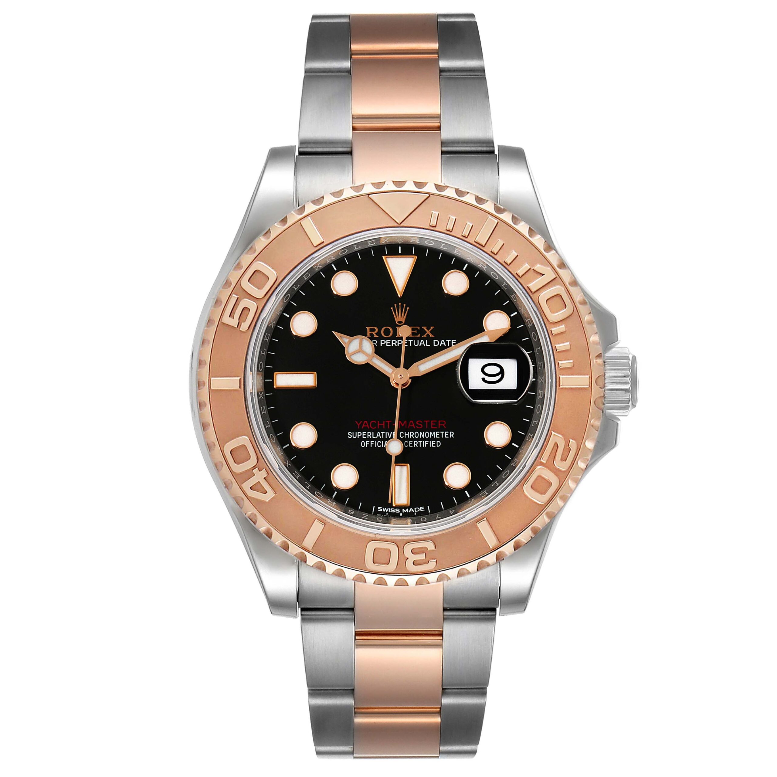 Rolex Yachtmaster Rose Gold Steel Black Dial Mens Watch 116621 Box Card