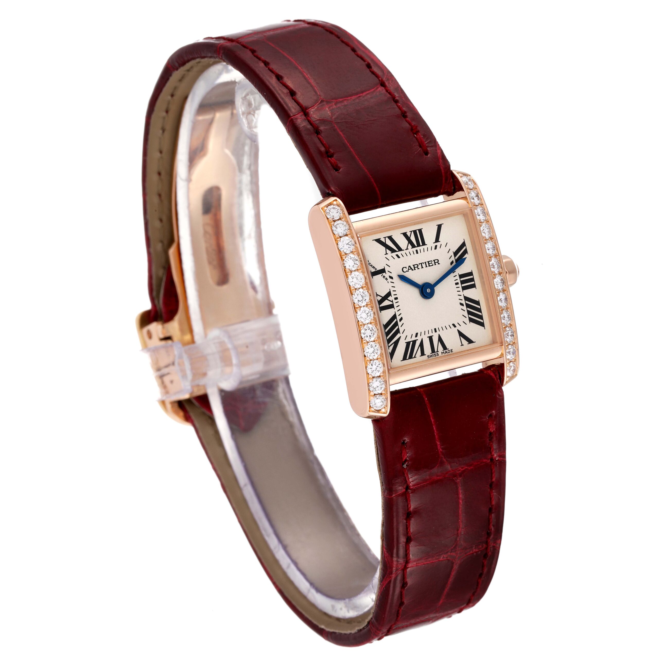 Cartier Tank Francaise Rose Gold Diamond Burgundy Strap Ladies Watch WE104531