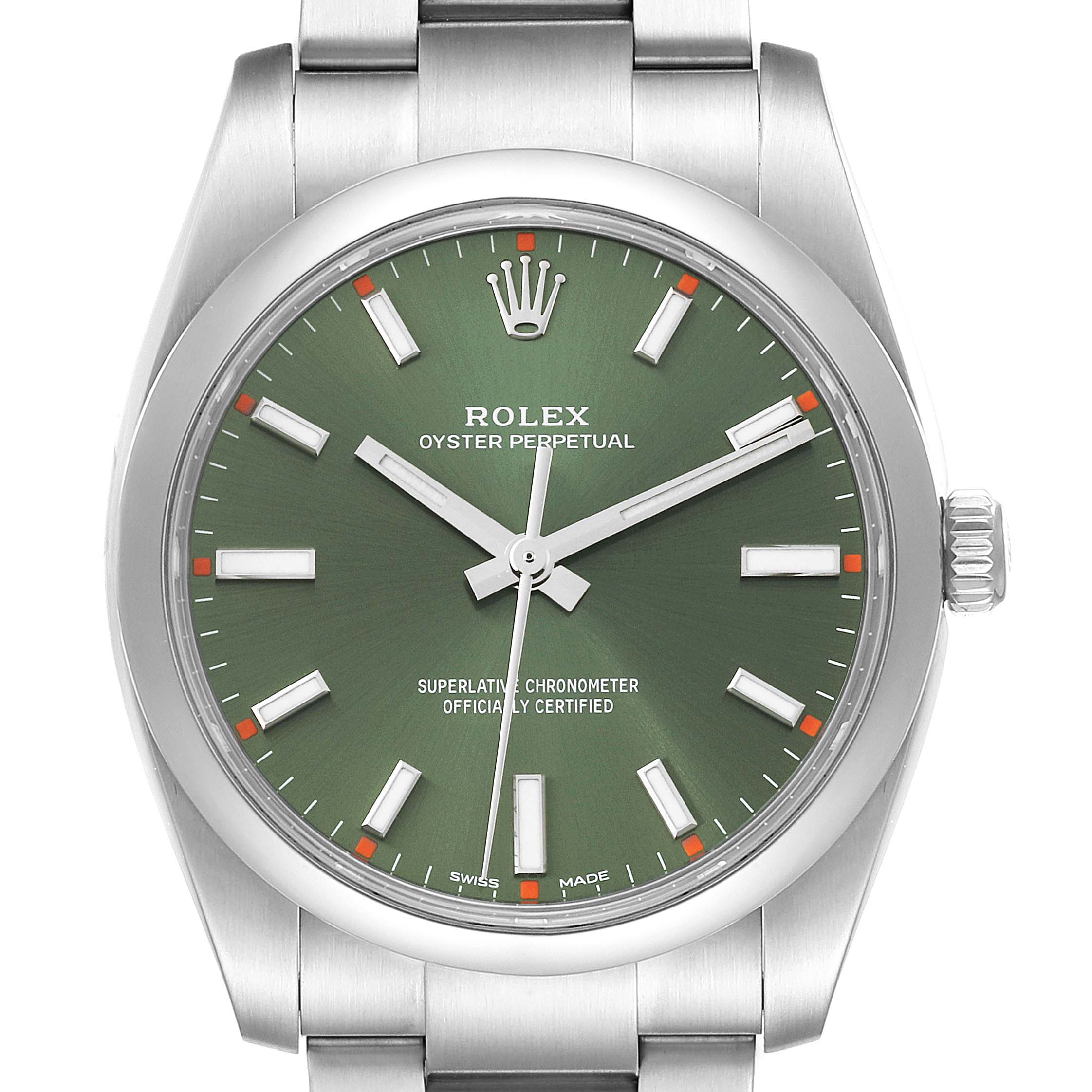 Rolex Oyster Perpetual 34mm Olive Green Dial Steel Mens Watch 114200