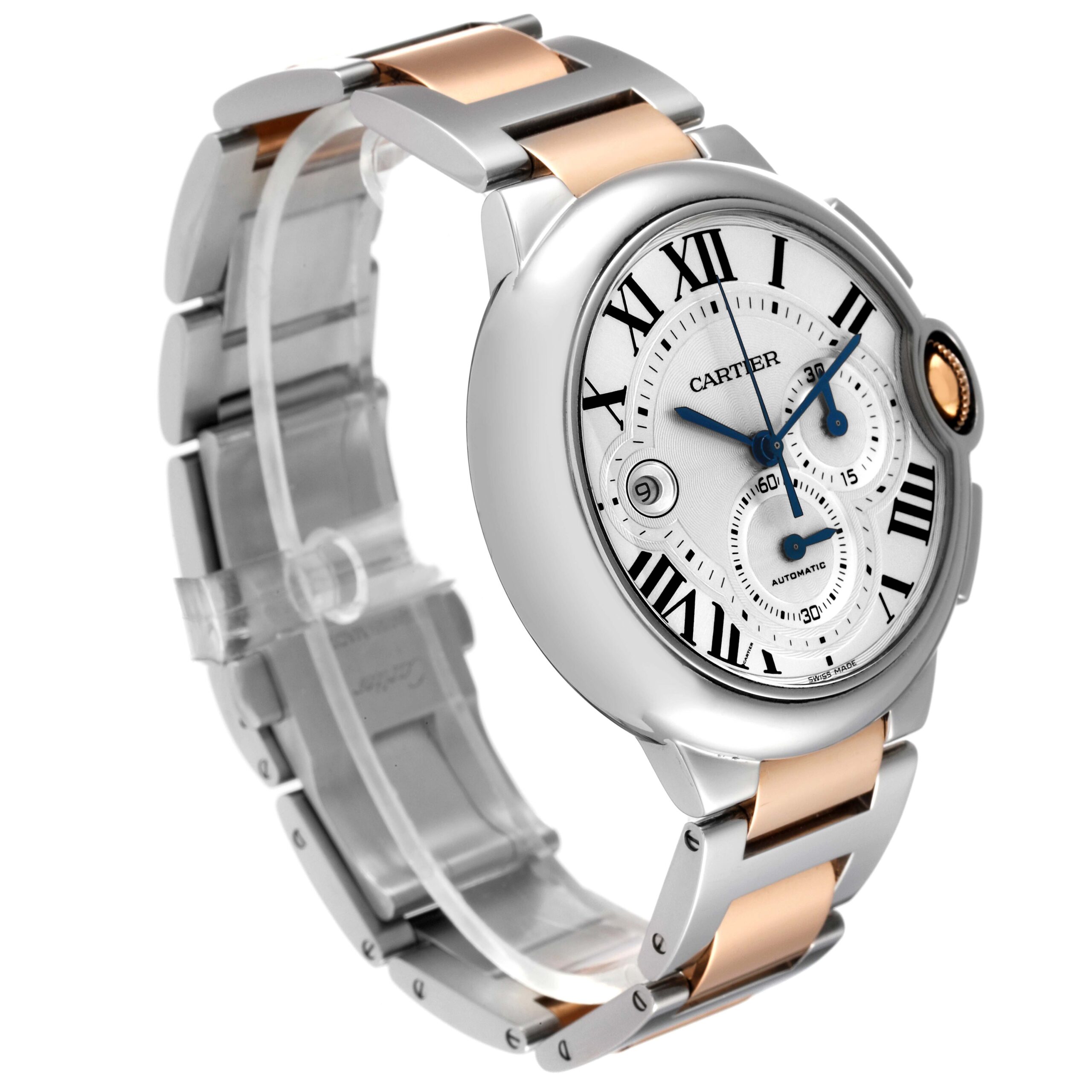 Cartier Ballon Bleu Chronograph Steel Rose Gold Silver Dial Mens Watch W6920063