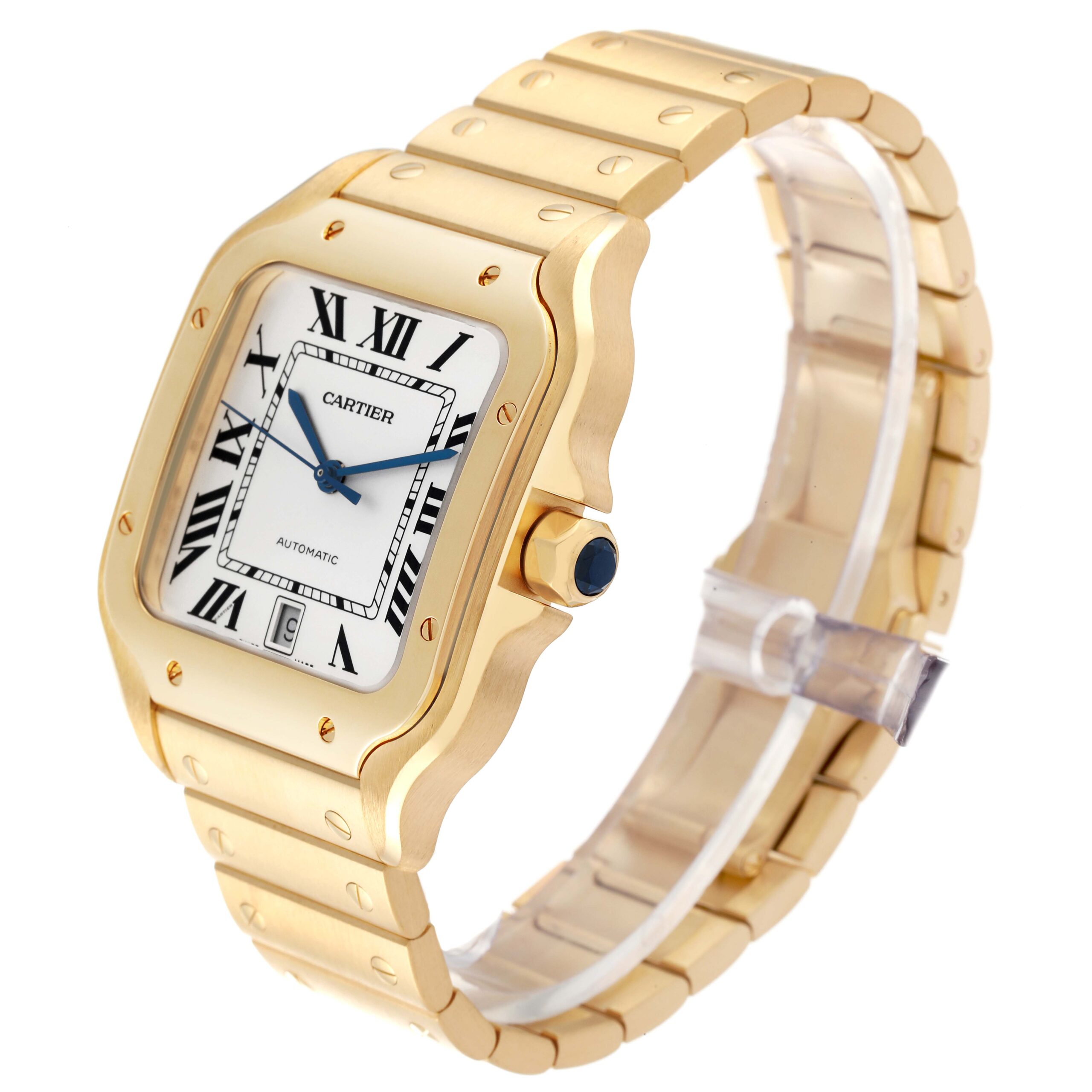 Cartier Santos Silver Dial Large 18k Yellow Gold Mens Watch WGSA0029