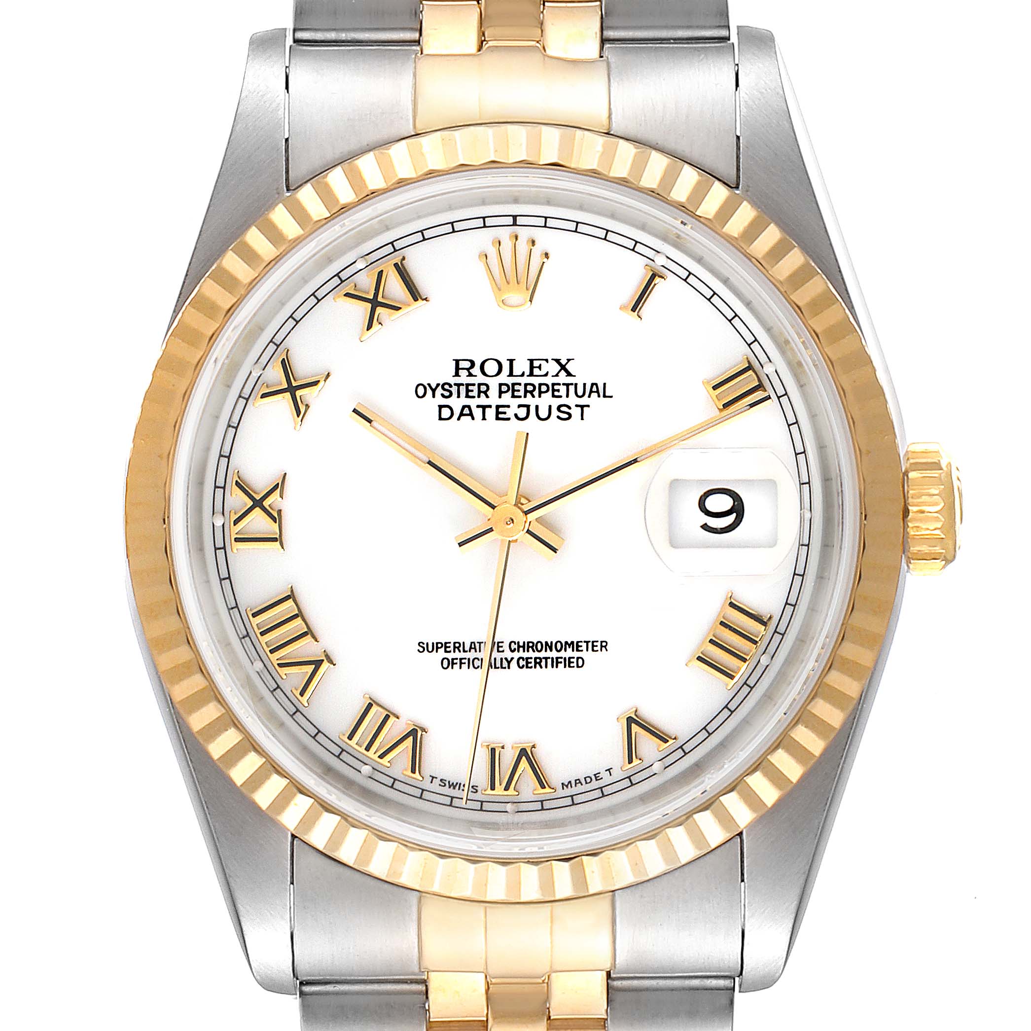 Rolex Datejust Steel Yellow Gold White Roman Dial Mens Watch 16233