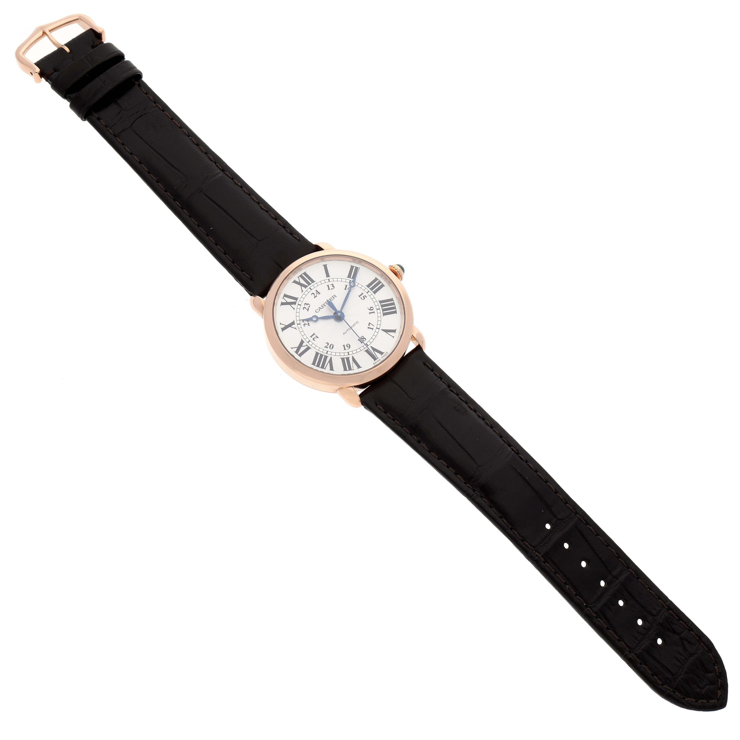 Cartier Ronde Louis Rose Gold Silver Dial Mens Watch WGRN0006 Box Card