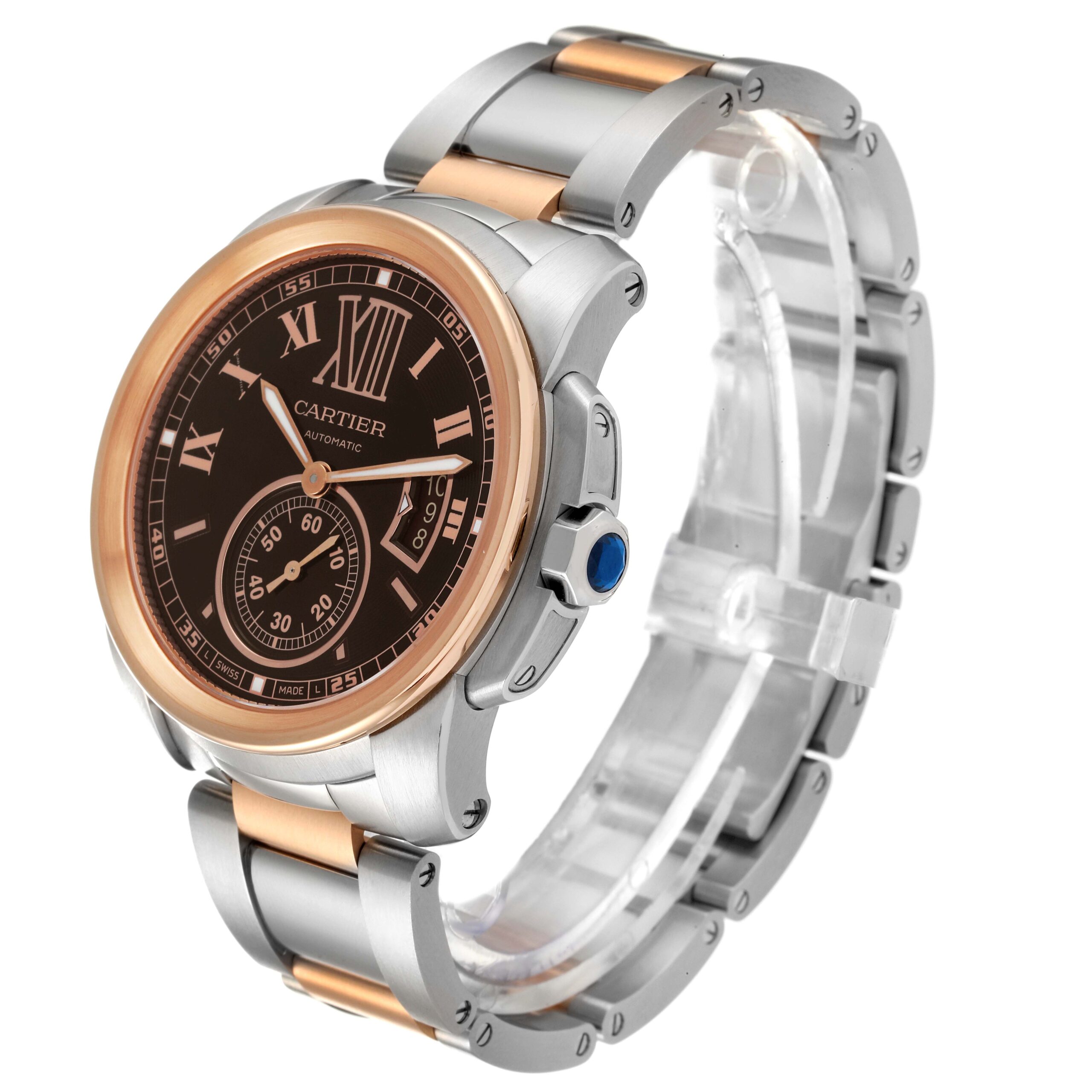 Cartier Calibre Brown Dial Rose Gold Steel Mens Watch W7100050 Box Card