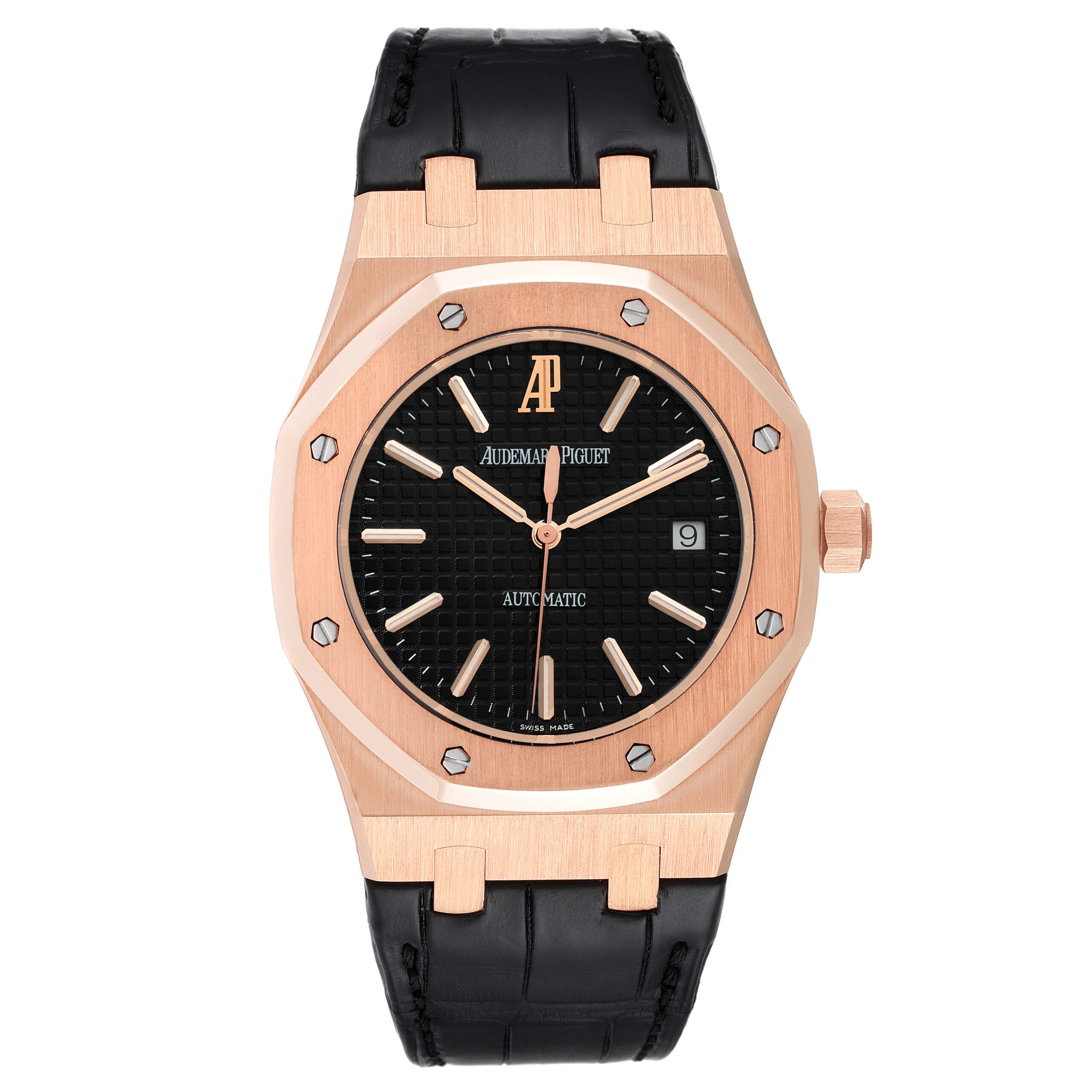 Audemars Piguet Royal Oak 18k Rose Gold Black Dial Watch 15300OR Box Papers