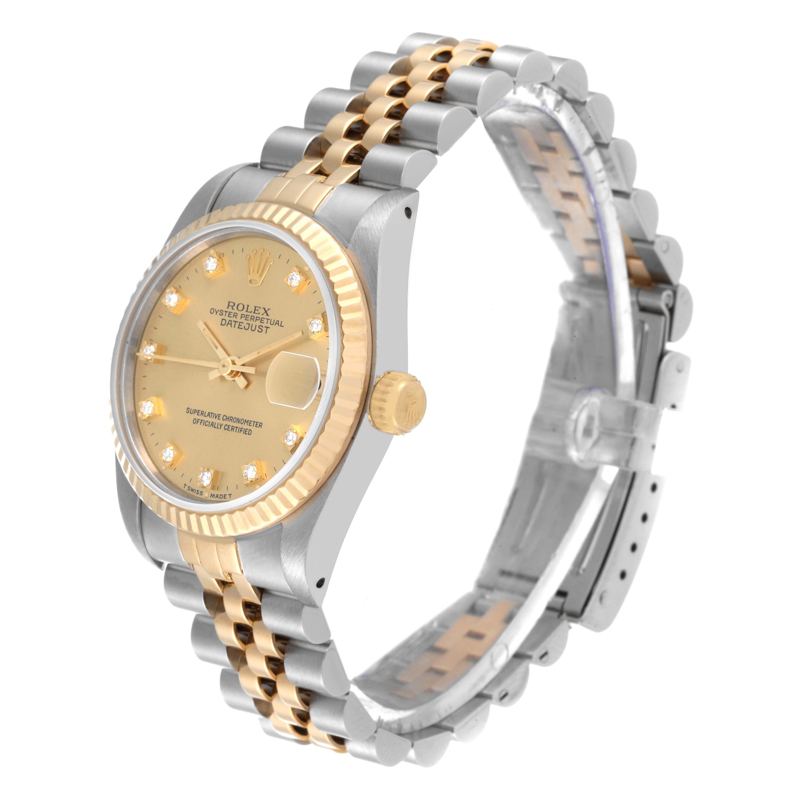 Rolex Datejust Midsize Steel Yellow Gold Diamond Dial Watch 68273 Box Papers