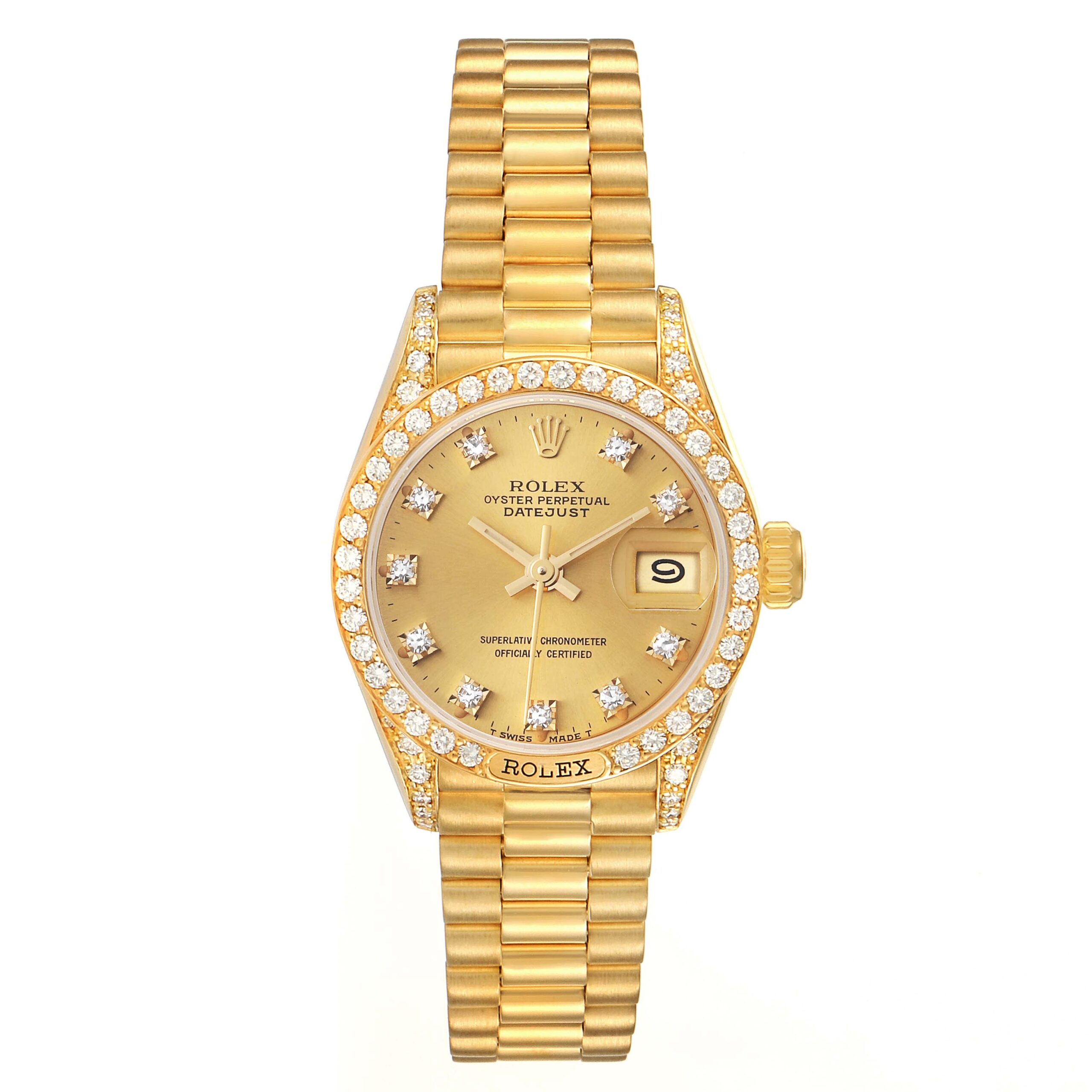 Rolex President Datejust Yellow Gold Diamond Ladies Watch 69158 Box Service Card